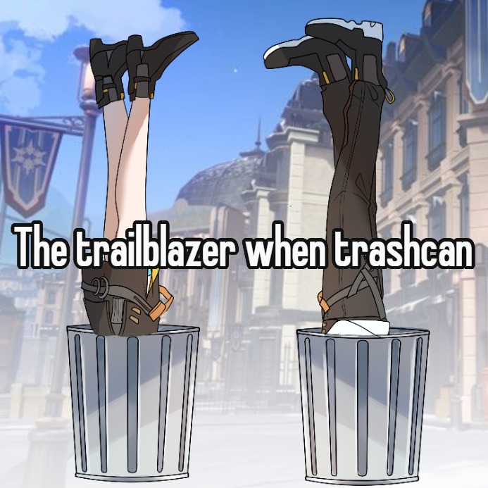 caelus (honkai: star rail), stelle (honkai: star rail), trailblazer (honkai: star rail), honkai: star rail, honkai (series), commentary, hashtag-only commentary, 1boy, 1girl, architecture, belt, black boots, black pants, black skirt, blue sky, boots, building, cloud, cloudy sky, day, dual persona, english text, flag, grey belt, high heel boots, high heels, in-universe location, lamppost, outdoors, pants, shirt, skirt, sky, t-shirt, trash can, upside-down, white shirt, window