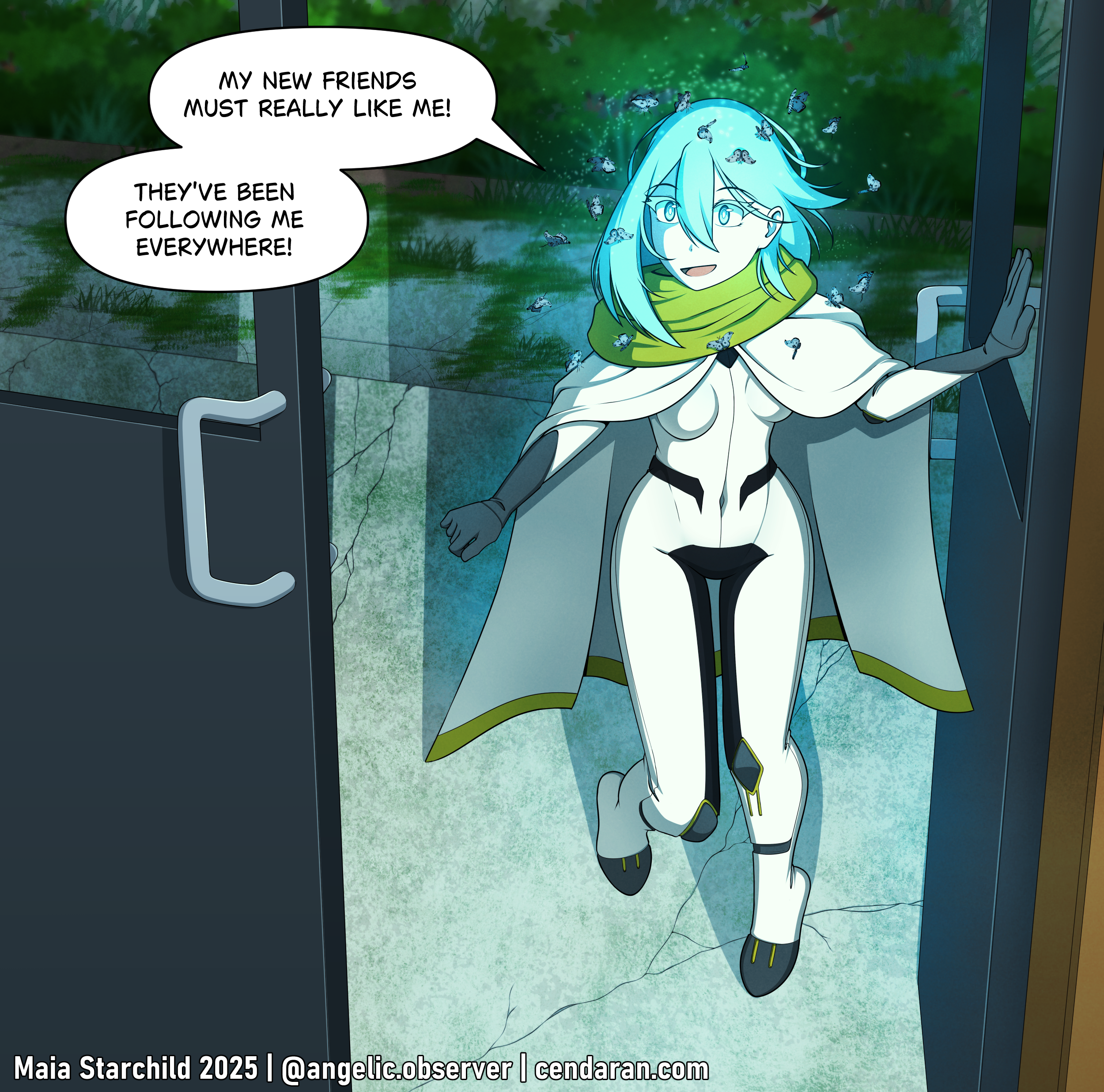 absurdres, highres, self-upload, 1girl, blue eyes, blue hair, bodysuit, bug, cendaran, cloak, door, gloves, glowing, glowing eyes, glowing hair, insect, knee pads, maia starchild, marael (cendaran), medium hair, messy hair, moth, night, open mouth, scarf, skin tight, smile, solo, talking