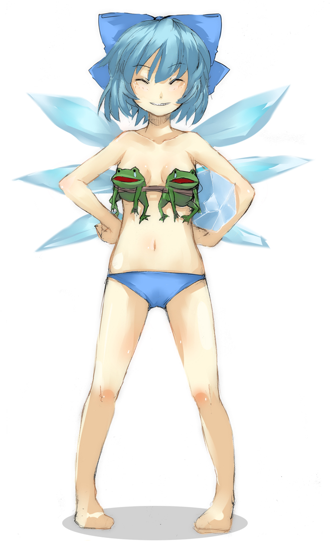 ofuro mantarou, cirno, touhou, bad id, bad pixiv id, 1girl, barefoot, blue hair, bow, bra, closed eyes, female focus, frog, full body, grin, hair bow, hands on own hips, ice, lingerie, navel, novelty bra, panties, short hair, sketch, smile, solo, tears, underwear, white background, wings