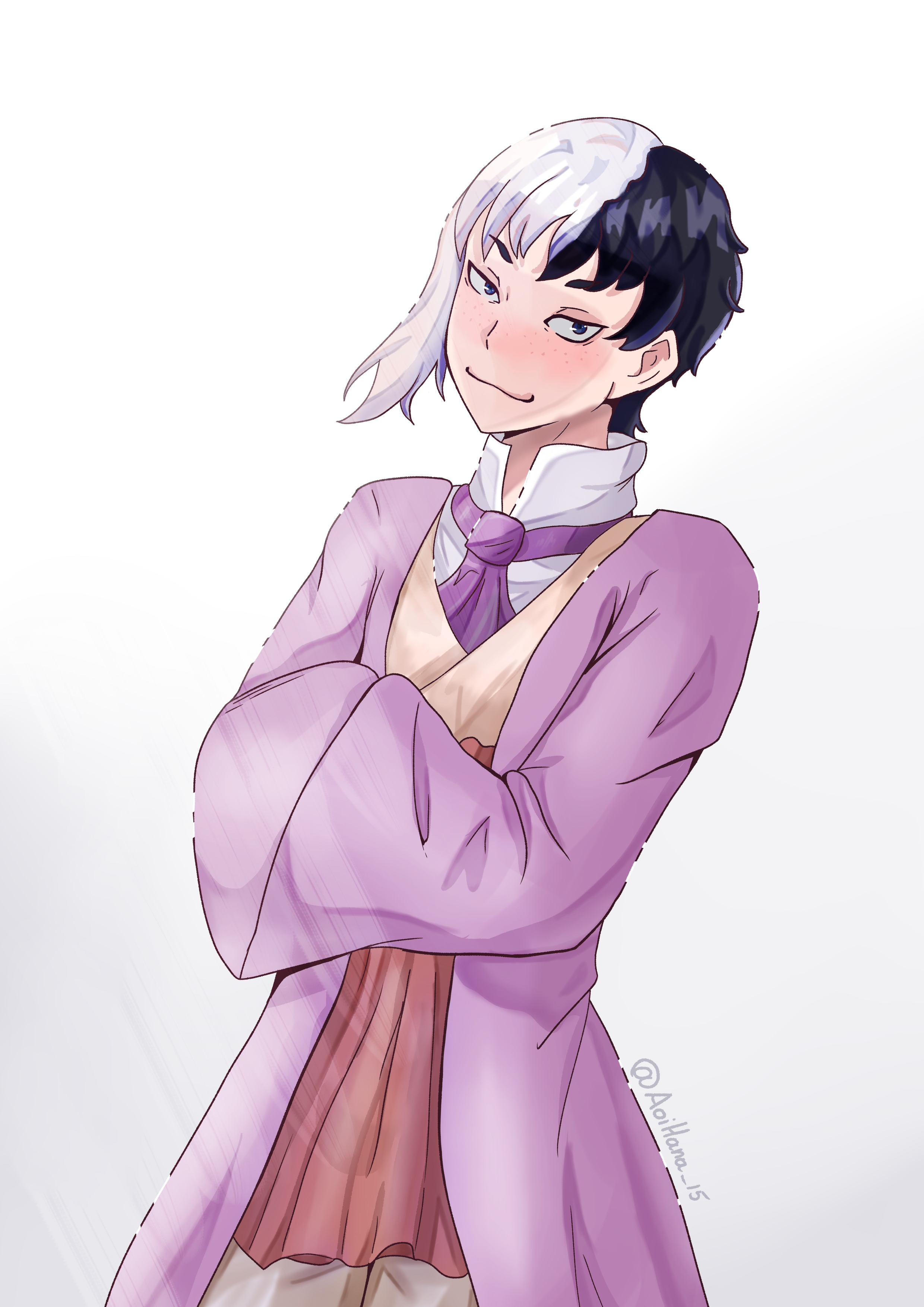 aoihana 15, asagiri gen, dr. stone, absurdres, highres, androgynous, ascot, asymmetrical hair, black eyes, black hair, blush, closed mouth, coat, cowboy shot, crossed arms, long sleeves, looking at viewer, male focus, multicolored hair, shirt, short hair, smile, solo, split-color hair, two-tone hair, white background, white hair, white shirt