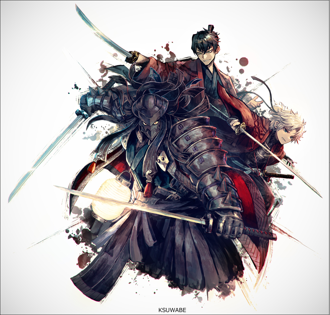 k-suwabe, hattori takeo (fate), itou kashitarou (fate), toudou heisuke (fate), fate/grand order, fate (series), 3boys, armor, armored gloves, black hair, black hakama, black kimono, dual wielding, gloves, hair knot, hakama, haori, helmet, holding, japanese armor, japanese clothes, katana, kimono, lantern, multiple boys, paper lantern, partially fingerless gloves, ponytail, red haori, sword, unsheathed, weapon, white background, white hair
