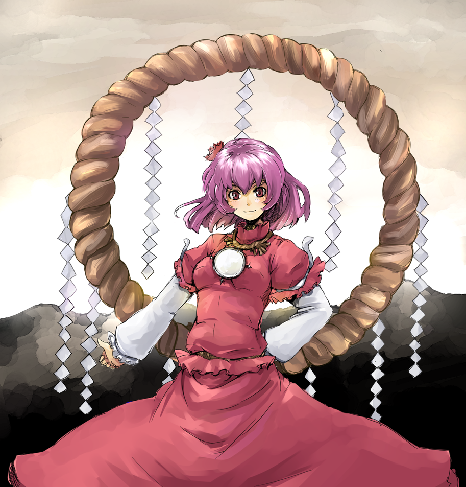 ofuro mantarou, yasaka kanako, touhou, bad id, bad pixiv id, 1girl, female focus, hair ornament, leaf hair ornament, mirror, purple hair, red eyes, rope, shide, shimenawa, short hair, solo