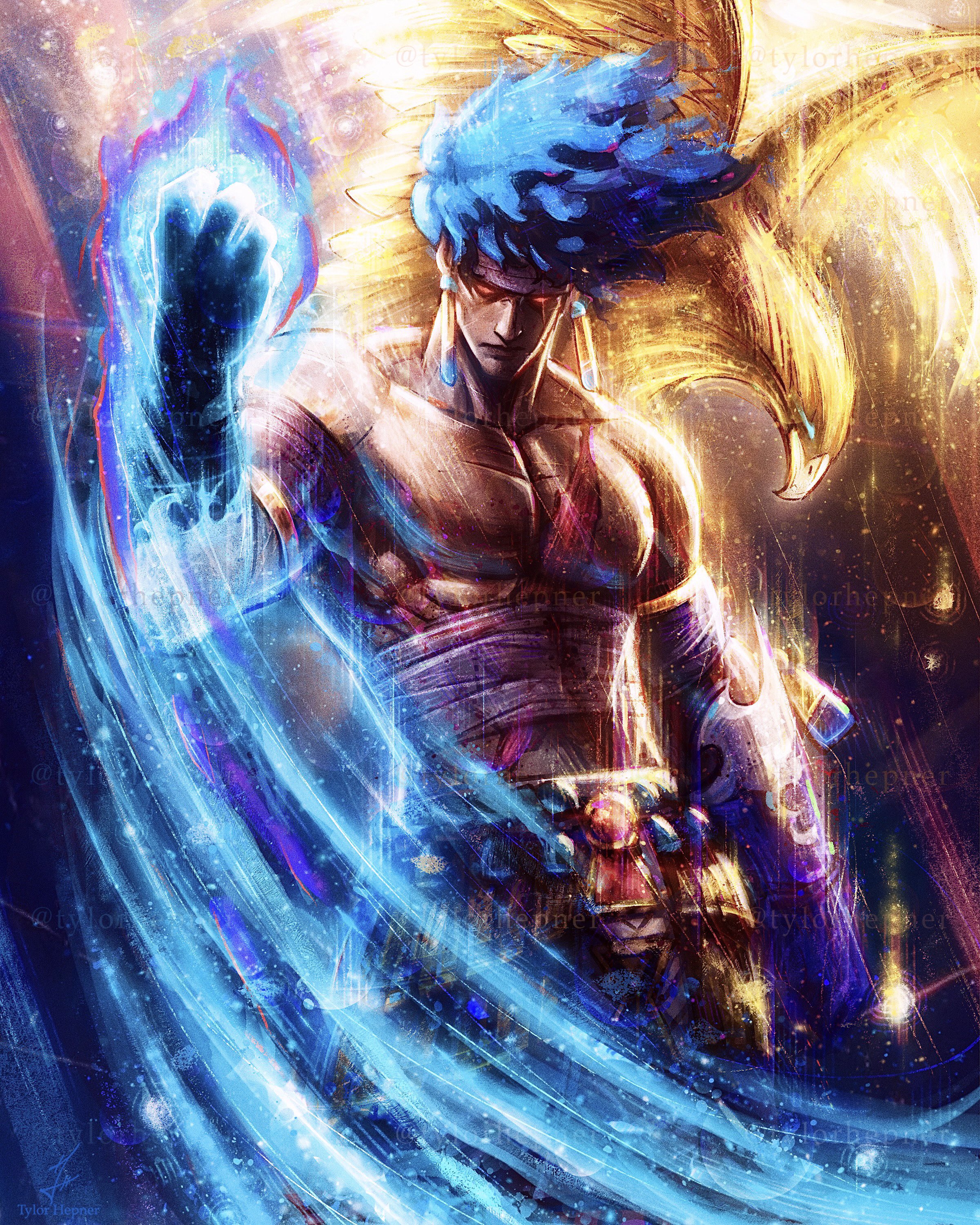 tylor hepner, prometheus (hades), hades (series), hades 2, absurdres, commentary, english commentary, highres, 1boy, animal, arm up, bandages, bare pectorals, bird, blue fire, blue hair, closed mouth, fire, floating hair, gauntlets, hawk, looking at viewer, male focus, pants, pectorals, red eyes, solo, standing
