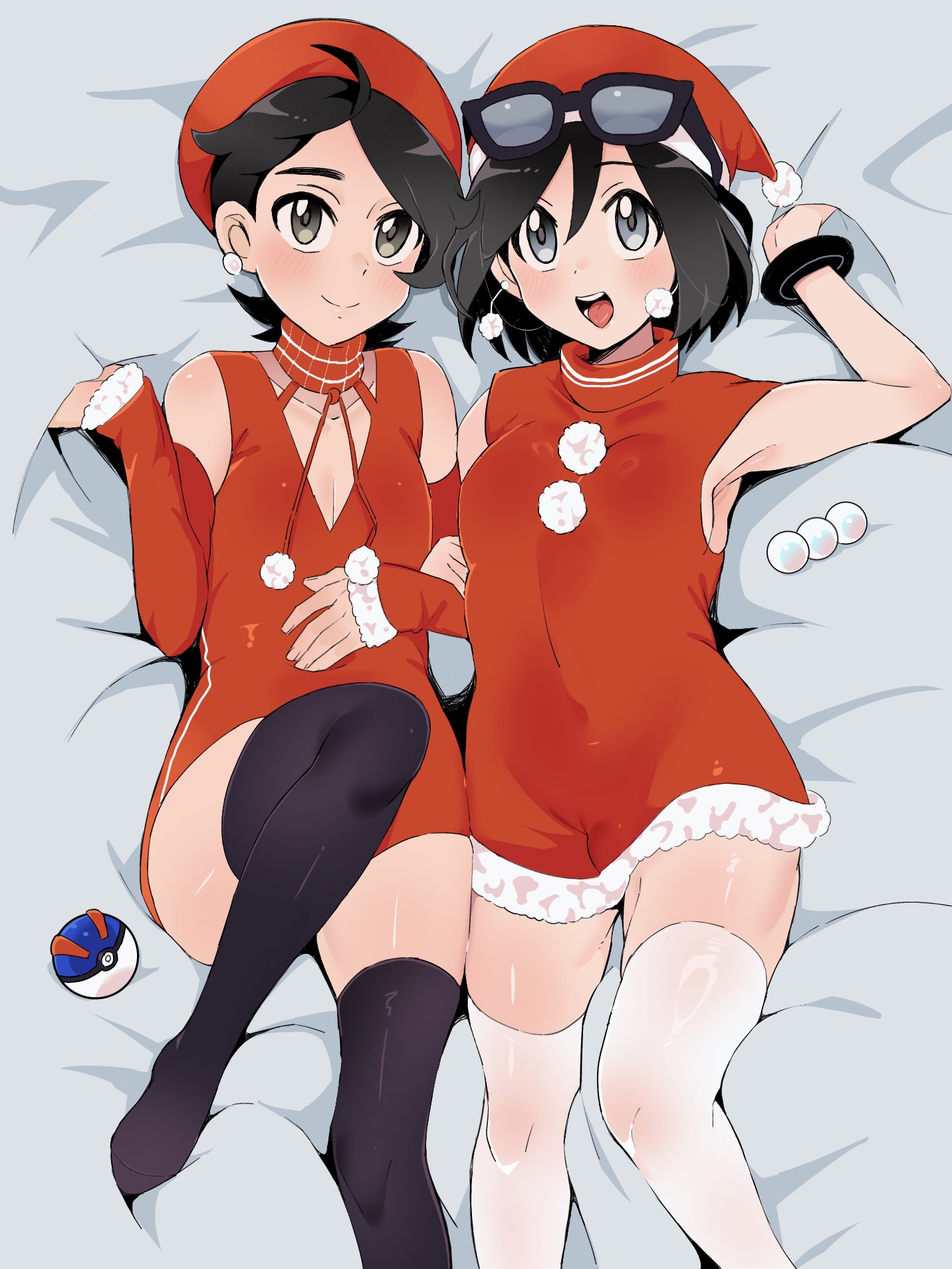 sana (37pisana), calem (pokemon), paxton (pokemon), nintendo, pokemon, pokemon legends: z-a, pokemon xy, commentary request, highres, 2boys, :d, beads, bed sheet, black hair, black thighhighs, bracelet, collarbone, crossdressing, crossdressing (mtf), dress, earrings, great ball, grey eyes, hair between eyes, hand up, happy, hat, jewelry, knees, male focus, multiple boys, open mouth, orange dress, poke ball, sheet grab, short hair, smile, teeth, thighhighs, tongue, white thighhighs
