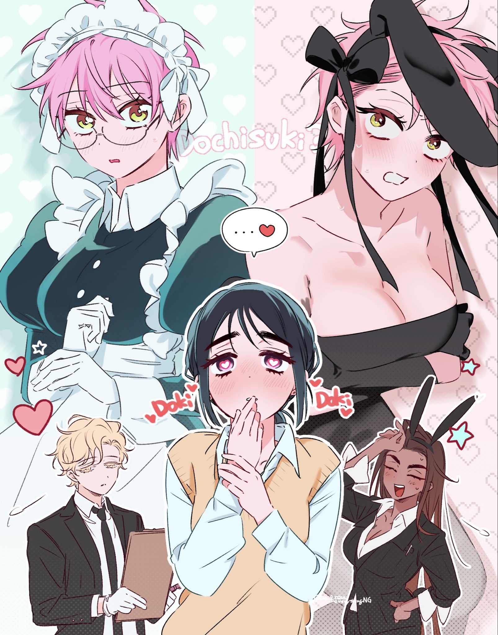 u qrou, hyuna (alien stage), luka (alien stage), mizi (alien stage), sua (alien stage), alien stage, highres, …, 1boy, 3girls, animal ears, bare shoulders, black dress, black hair, black jacket, black necktie, blonde hair, blush, breasts, brown hair, cleavage, collared shirt, dark-skinned female, dark skin, dress, fake animal ears, heart, heart-shaped pupils, heartbeat, jacket, juliet sleeves, long sleeves, maid headdress, multiple girls, necktie, official alternate costume, pink hair, puffy sleeves, rabbit ears, romaji text, shirt, spoken ellipsis, strapless, strapless dress, suit jacket, sweater vest, symbol-shaped pupils, white shirt, yellow eyes, yellow sweater vest, yuri