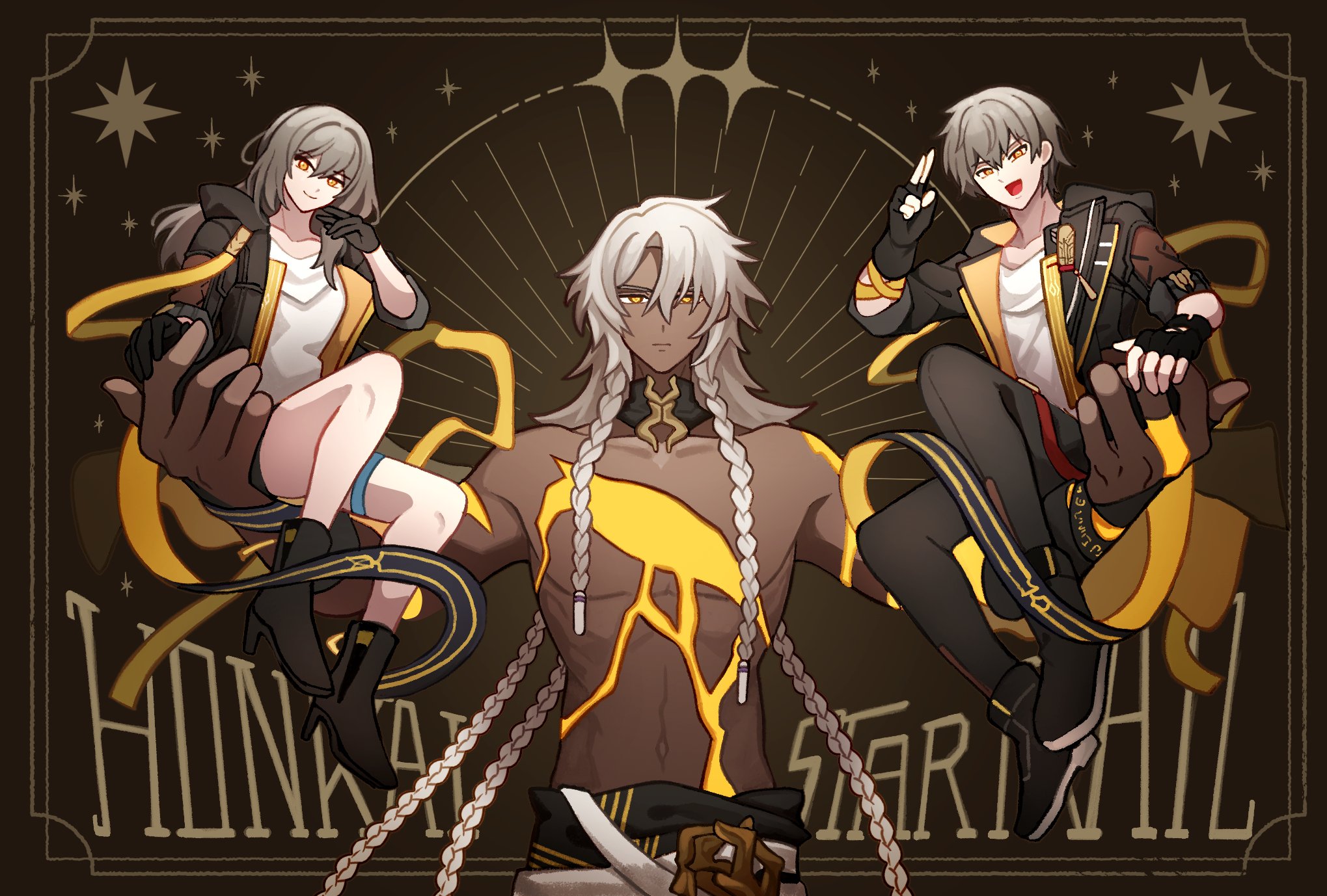 gredell elle, caelus (honkai: star rail), nanook (honkai: star rail), stelle (honkai: star rail), trailblazer (honkai: star rail), honkai: star rail, honkai (series), commentary, highres, symbol-only commentary, 1boy, 1girl, 1other, arm ribbon, black boots, black coat, black gloves, black jacket, black pants, black skirt, boots, braid, broken skin, brown background, closed mouth, coat, copyright name, dark skin, dual persona, fingerless gloves, full body, gloves, grey hair, hair between eyes, hair ornament, hand up, hands up, high heel boots, high heels, holding, hood, hooded coat, jacket, lapels, long hair, long sleeves, looking at viewer, low-braided long hair, low-tied long hair, multiple braids, navel, open clothes, open coat, open jacket, open mouth, pants, pectorals, ribbon, shirt, short hair, sitting, skirt, smile, star (symbol), star symbol background, t-shirt, thigh strap, two-sided coat, two-sided fabric, upper body, v, v-shaped eyebrows, white shirt, yellow coat, yellow eyes