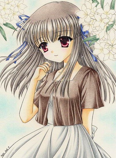 toono minagi, air (visual novel), silver hair, bad id, bad pixiv id, 00s, hair ribbon, long hair, ribbon, solo