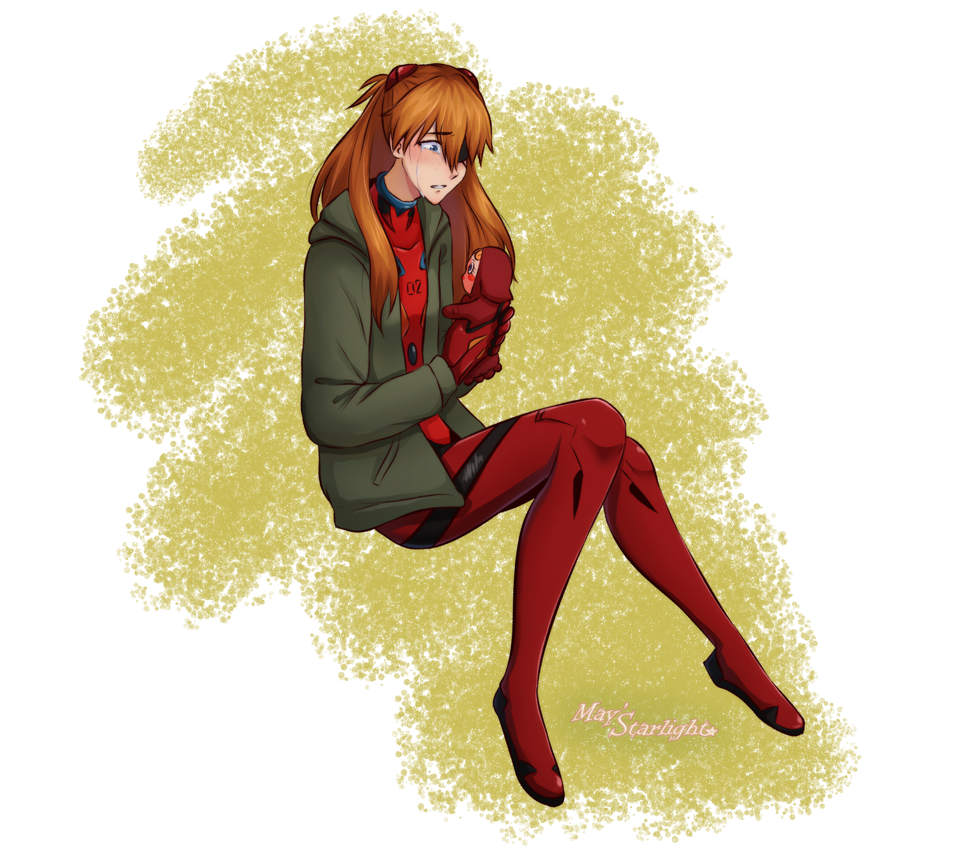 souryuu asuka langley, evangelion: 3.0 you can (not) redo, neon genesis evangelion, rebuild of evangelion, highres, 1girl, artist name, blue eyes, bodysuit, breasts, crying, crying with eyes open, doll, eyepatch, freckles, from side, frown, full body, furrowed brow, gloves, green jacket, hair between eyes, hair ornament, hairclip, holding, holding doll, interface headset (evangelion), invisible chair, jacket, long hair, looking at object, maysstarlight, mecha pilot suit, open clothes, open jacket, orange hair, pixiv username, plugsuit (evangelion), red bodysuit, red gloves, sad, signature, sitting, solo, streaming tears, tears, teeth, two-tone background, upper teeth only, white background, yellow background
