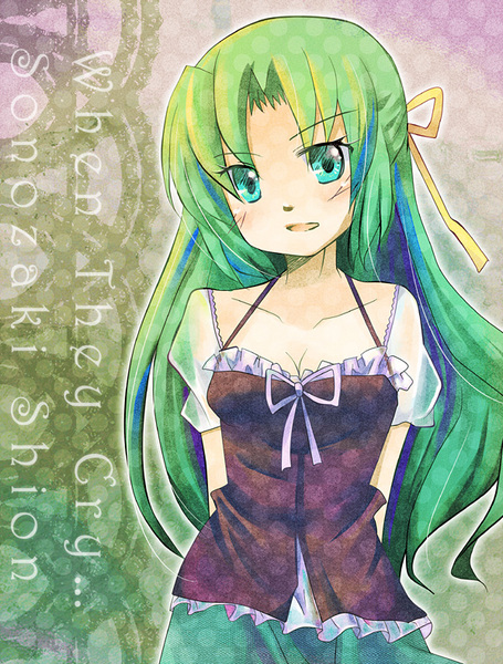 koike amuko, sonozaki shion, higurashi no naku koro ni, resized, blush, casual, green eyes, green hair, hair ornament, hair ribbon, long hair, pixiv thumbnail, ribbon, smile, standing