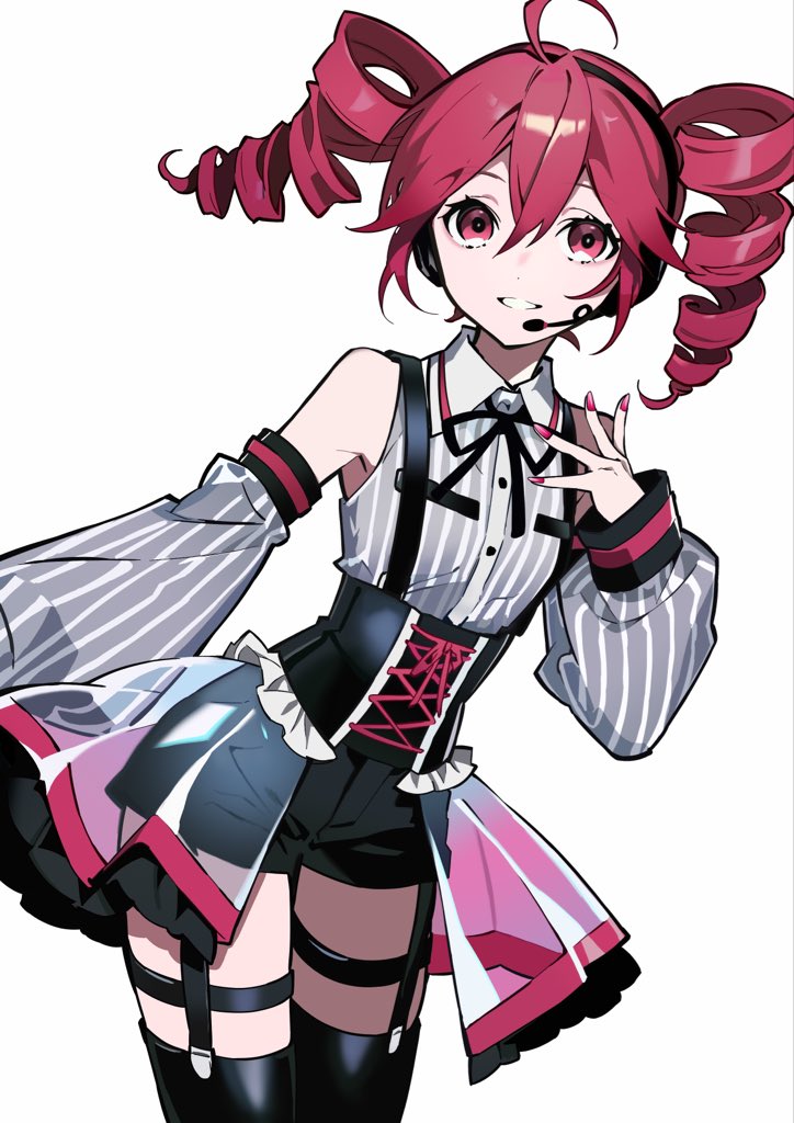hatsutahaku, kasane teto, utau, 1girl, ahoge, black bow, black garter straps, black shorts, black thighhighs, bow, cowboy shot, detached sleeves, drill hair, garter straps, headphones, looking at viewer, microphone, red eyes, red nails, shirt, shirt tucked in, shorts, simple background, smile, solo, striped clothes, striped shirt, thighhighs, twin drills, vertical-striped clothes, vertical-striped shirt, white background