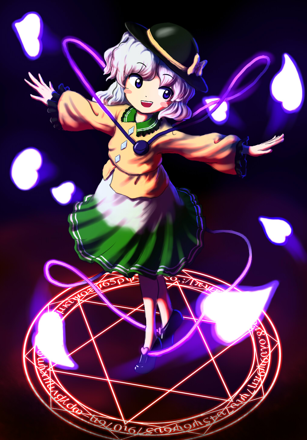 hokuyoo, komeiji koishi, touhou, silver hair, highres, 1girl, blue eyes, danmaku, female focus, hat, heart, magic circle, official style, short hair, solo, standing, standing on magic circle, zun (style)