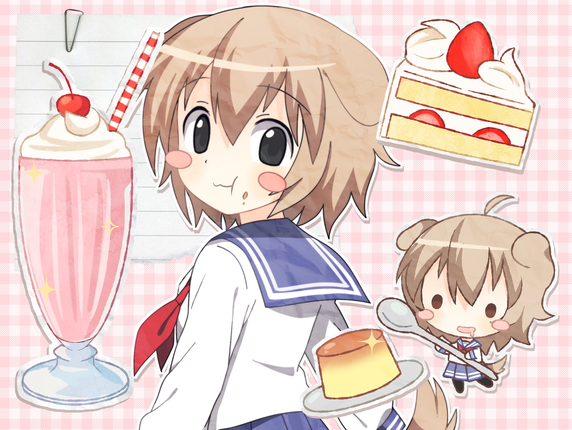 onlinepetclub, original, commentary, english commentary, highres, 1girl, animal ears, black eyes, blush stickers, brown hair, cake, cake slice, chibi, chibi inset, dog ears, dog girl, dog tail, food, food on face, from behind, holding, holding spoon, long sleeves, looking at viewer, looking back, milkshake, neckerchief, oversized spoon, plaid background, pleated skirt, pudding, school uniform, serafuku, short hair, skirt, spoon, strawberry shortcake, tail, wanwan (onlinepetclub)