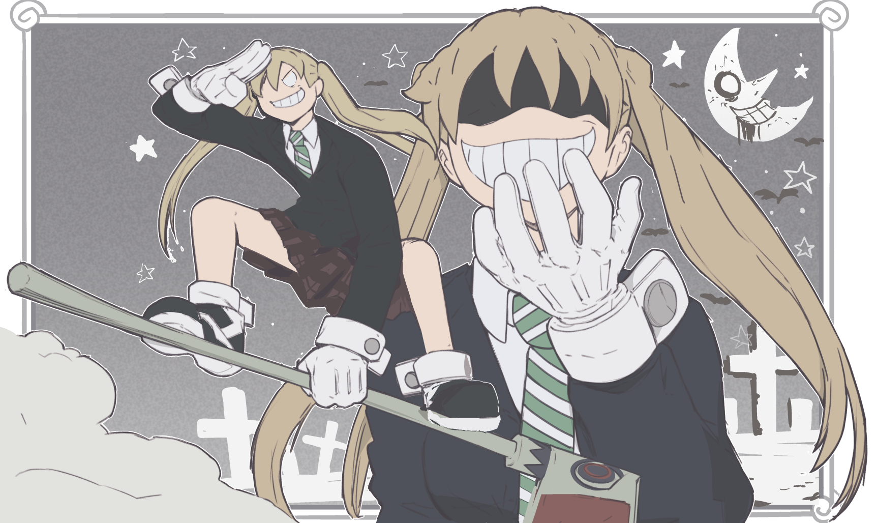 michel teru, maka albarn, soul eater, commentary, highres, 1girl, black jacket, crescent, full body, gloves, graveyard, grey hair, grin, jacket, long hair, multiple views, necktie, shaded face, smile, star (symbol), teeth, twintails, two-tone necktie, white gloves
