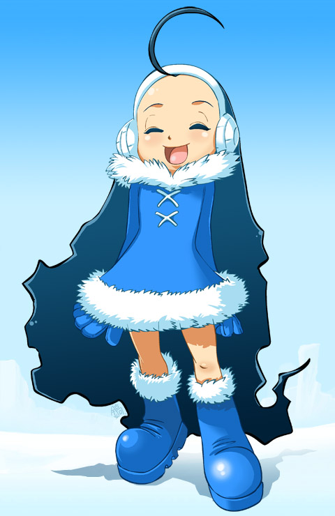egloo-tan, archived source, artist request, commentary request, korean commentary, 1girl, absurdly long hair, ahoge, arms behind back, blue background, blue boots, blue dress, blue gloves, blue hair, blue sky, blue sleeves, blue theme, blush, boots, closed eyes, cross-laced clothes, cross-laced dress, day, dress, earmuffs, egloos, forehead, full body, fur-trimmed boots, fur-trimmed dress, fur collar, fur trim, gloves, gradient hair, gradient sky, knee boots, long hair, long sleeves, mascot, multicolored hair, narrow waist, open mouth, outdoors, shadow, signature, sky, snow, solo, tongue, very long hair, winter clothes