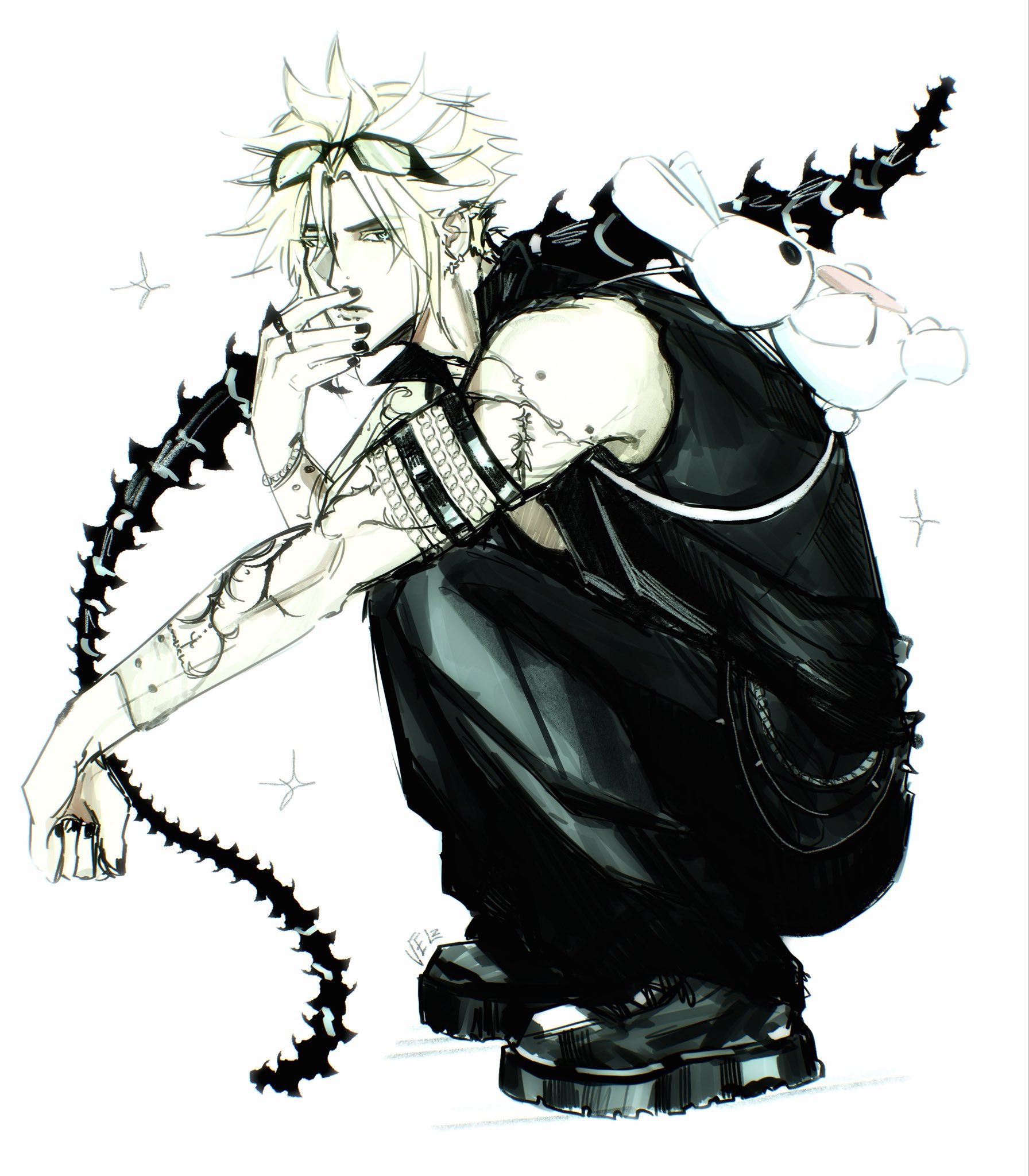cloud strife, final fantasy, final fantasy vii, highres, 1boy, alternate costume, animal bag, arm tattoo, backpack, bag, bare shoulders, black boots, black nails, black pantyhose, black vest, boots, earrings, eyewear on head, full body, hand on own face, jewelry, multiple rings, nail polish, pantyhose, ring, sageixx, sharp teeth, short hair, solo, sparkle, squatting, tattoo, teeth, vest, white background