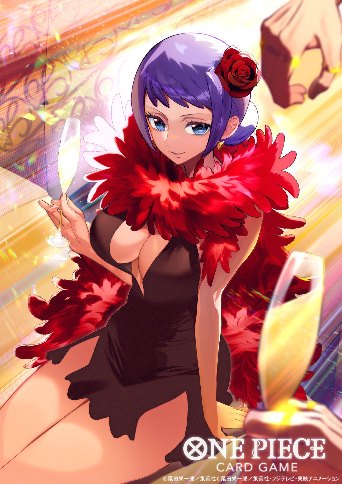 ryuda, carina (one piece), gild tesoro, one piece, one piece card game, commentary request, highres, official art, 1girl, black dress, blue eyes, breasts, cleavage, copyright name, cup, dress, earrings, eyelashes, feather boa, hair bun, holding, holding cup, jewelry, large breasts, out of frame, plunging neckline, purple hair, ring, short bangs, short dress, sidelocks, sitting, smile