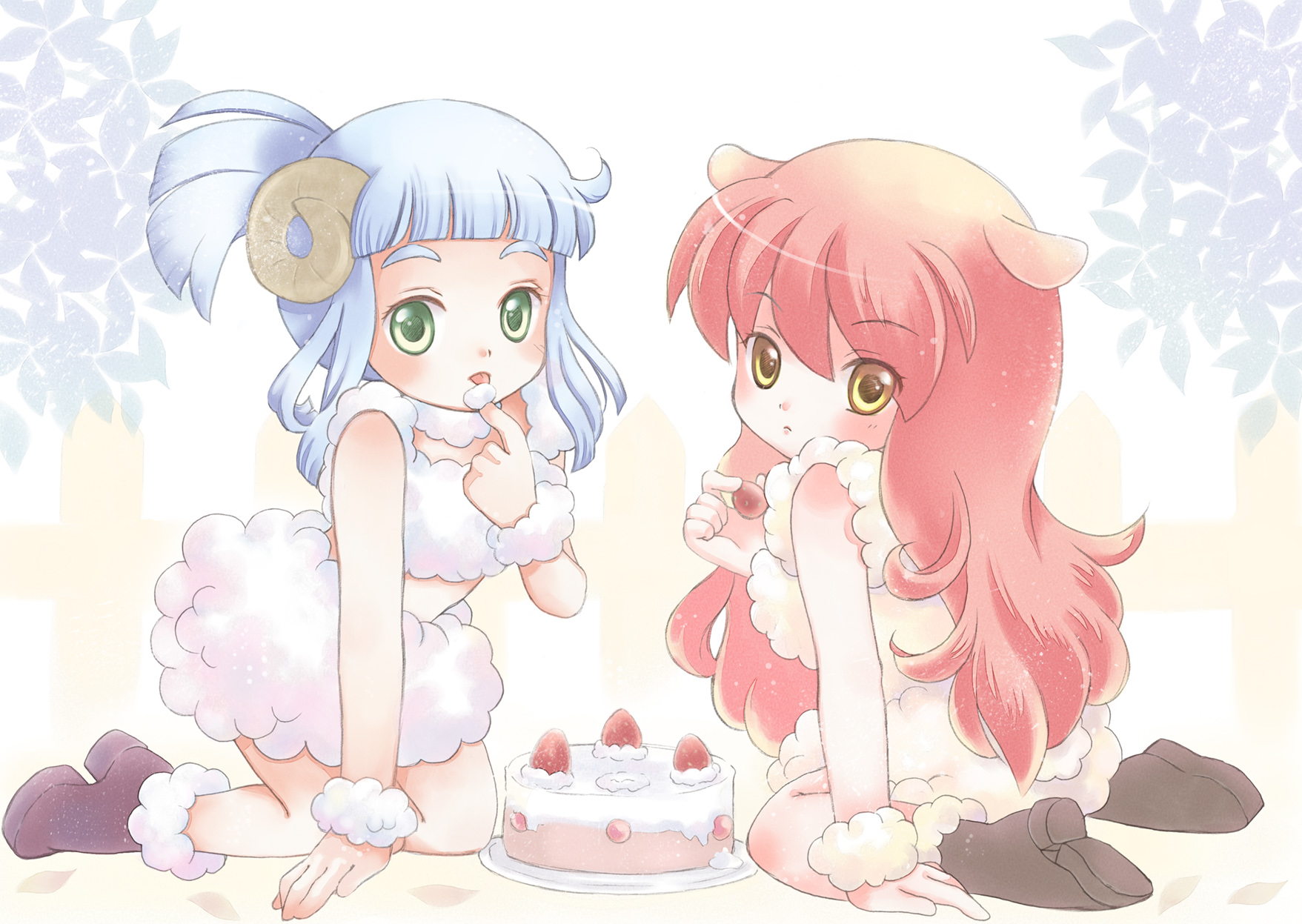 toyodaeri, bad id, bad pixiv id, highres, animal ears, blue hair, boots, cake, child, dog ears, food, fruit, green eyes, horns, licking, pastry, pink hair, strawberry, wool, yellow eyes