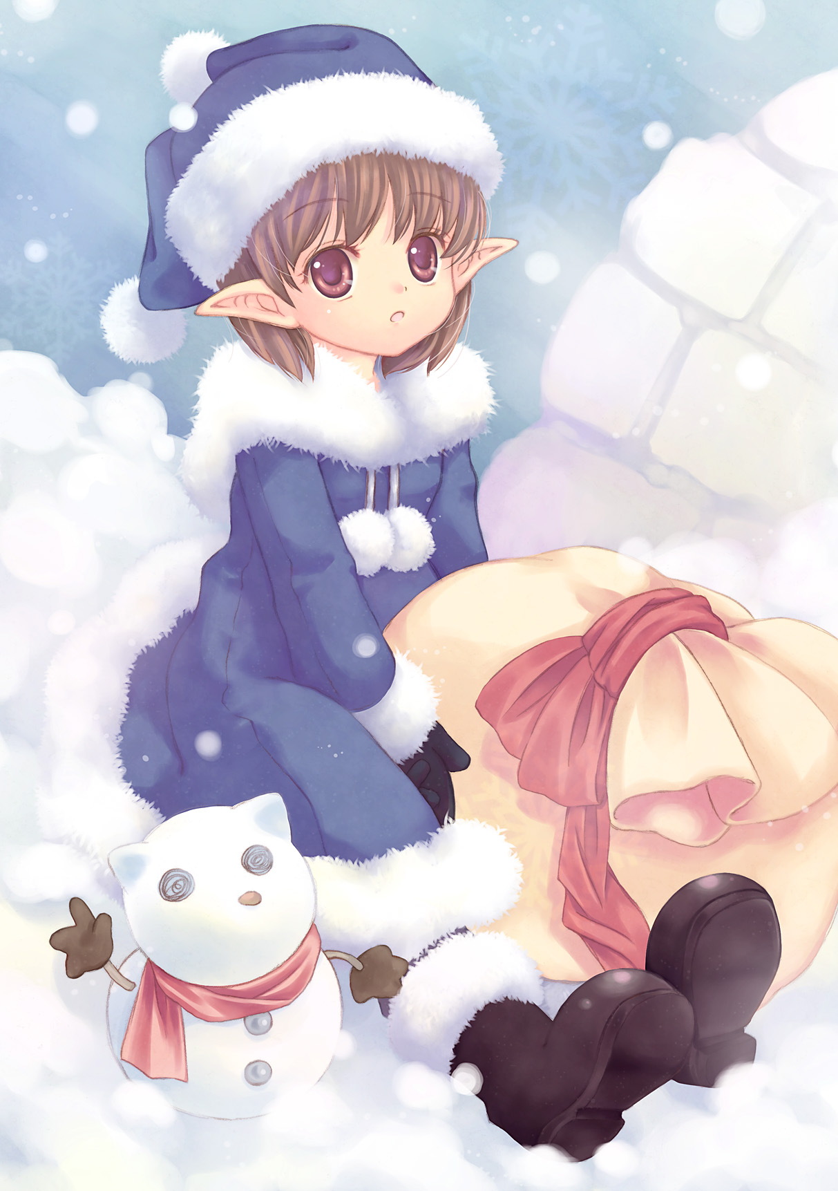toyodaeri, original, bad id, bad pixiv id, highres, 1girl, bag, boots, brown hair, elf, female focus, hat, igloo, pointy ears, purple eyes, scarf, snow, snow shelter, snowman, solo