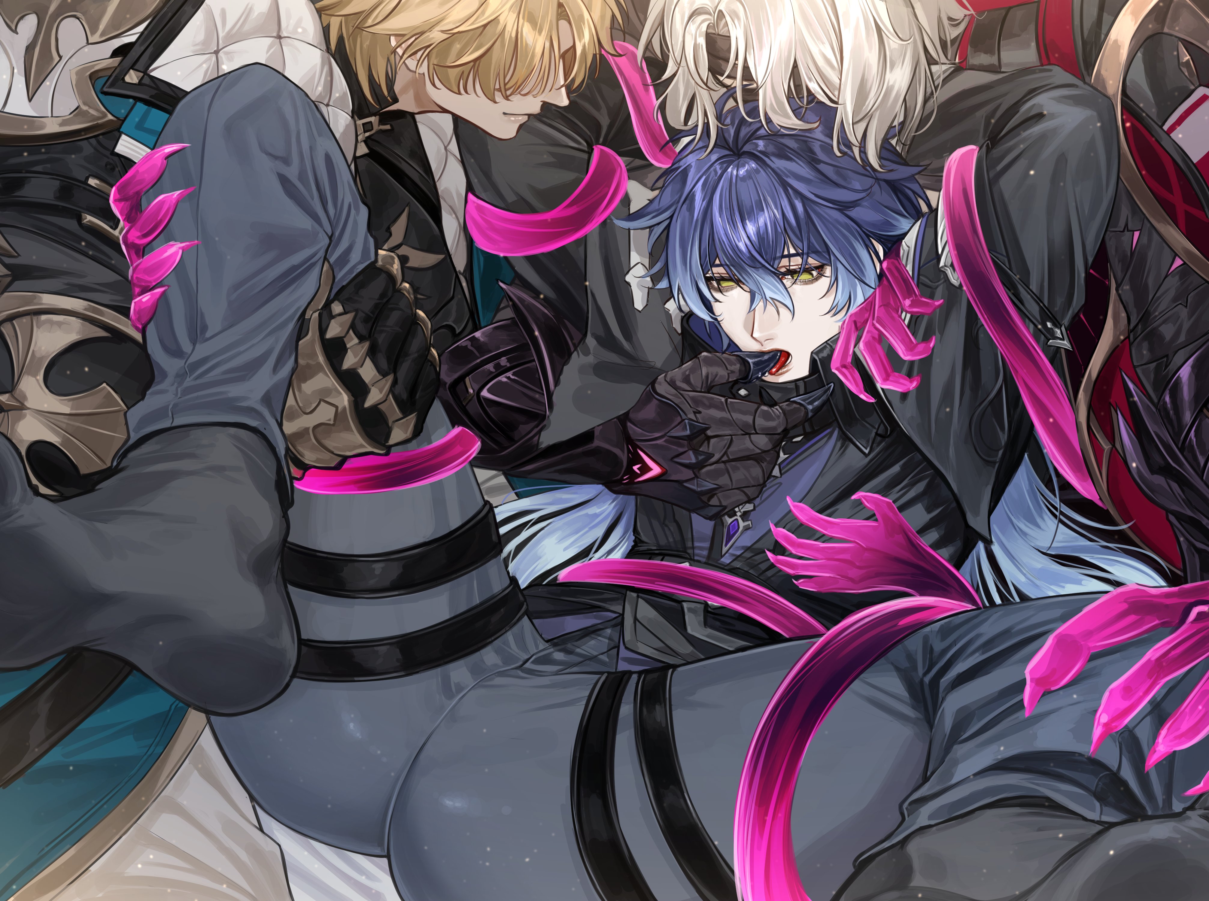 crescent (cgcrescent), flins (genshin impact), rerir (genshin impact), varka (genshin impact), genshin impact, absurdres, commentary, english commentary, highres, 3boys, arms up, bdsm, black shirt, black socks, blonde hair, blue hair, bondage, bound, claws, closed mouth, crossed bangs, double-parted bangs, finger in another's mouth, gradient hair, grey pants, hand on another's chest, hand on another's thigh, male focus, multicolored hair, multiple boys, open mouth, pants, shirt, socks, spread legs, tentacles, tongue, tongue out, white hair, yaoi, yellow eyes