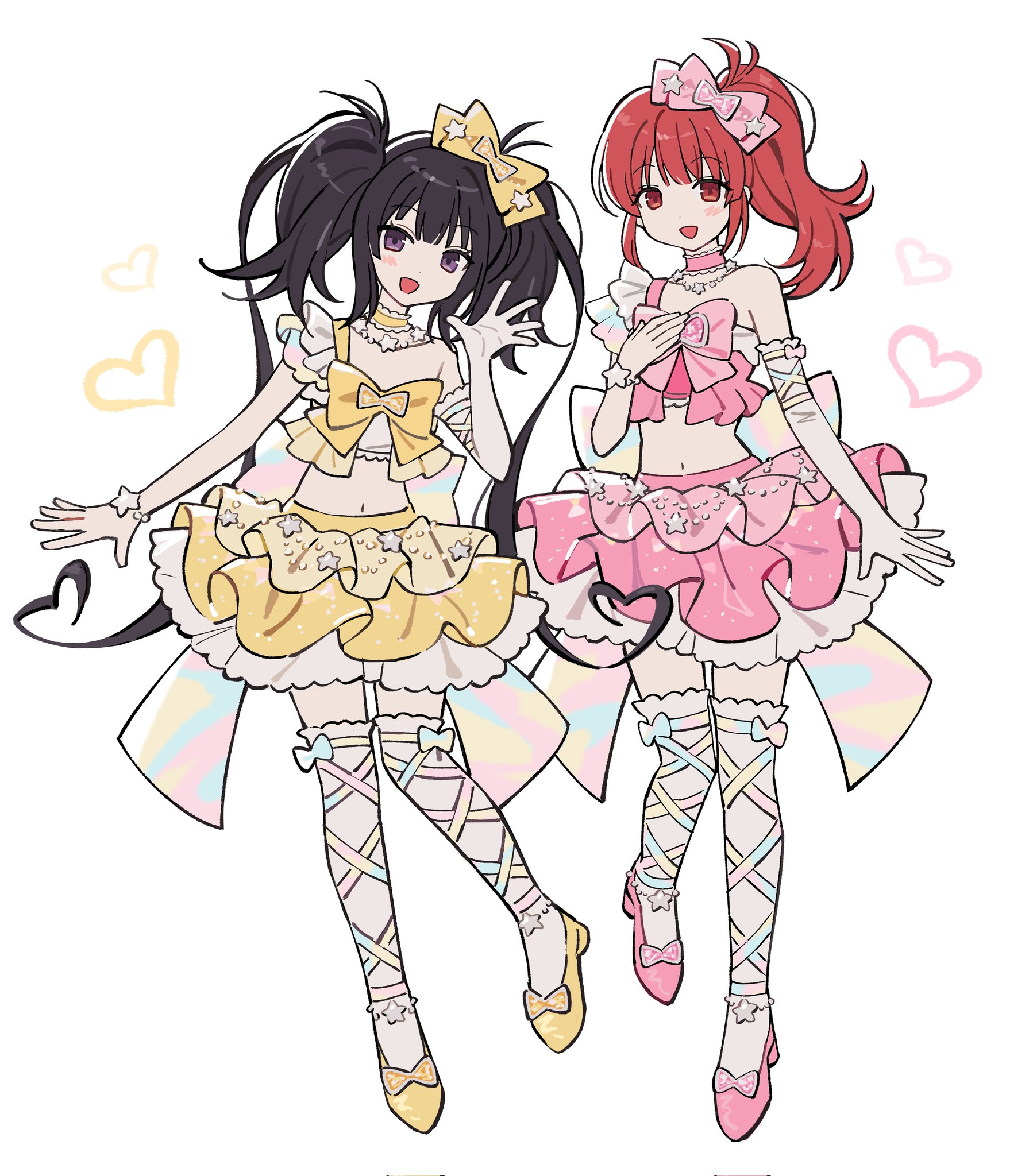 harune aira, kurisu kaname, pretty rhythm, pretty rhythm aurora dream, pretty series, artist request, commentary request, commission, highres, korean commentary, second-party source, 2girls, :d, bare shoulders, black hair, bow, choker, crop top, frilled choker, frills, full body, hair bow, heart, layered skirt, long hair, looking at viewer, miniskirt, multiple girls, open hand, open mouth, pink bow, pink shoes, pink skirt, ponytail, purple eyes, red eyes, red hair, shoes, skirt, smile, standing, star (symbol), thighhighs, twintails, white background, white thighhighs, yellow bow, yellow shoes