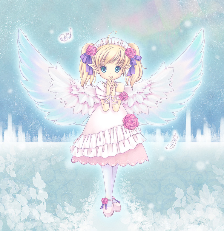 toyodaeri, original, bad id, bad pixiv id, blonde hair, blue eyes, child, feathers, flower, hairband, pointy ears, rose, solo, twintails, wings