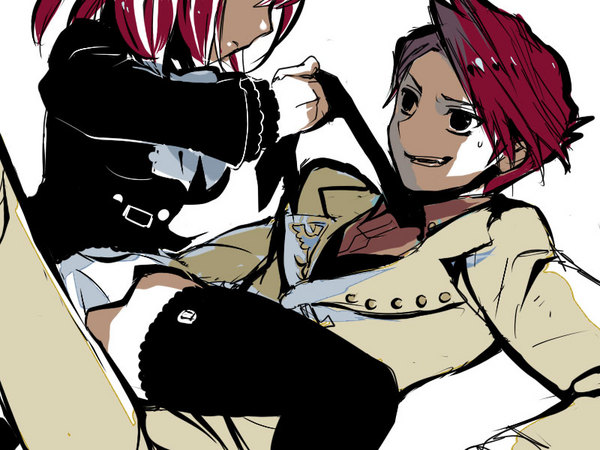 gm, ushiromiya ange, ushiromiya battler, umineko no naku koro ni, 00s, 1boy, 1girl, brother and sister, embarrassed, incest, jacket, necktie, red hair, short hair, siblings, thighhighs, zettai ryouiki