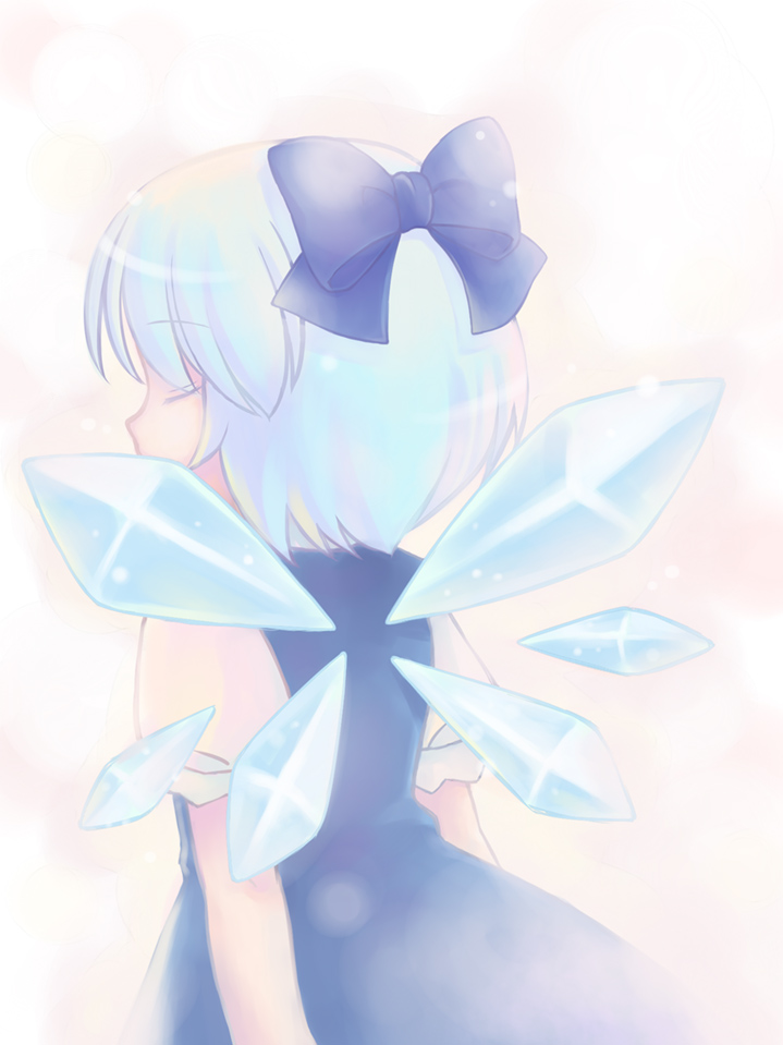 toyodaeri, cirno, embodiment of scarlet devil, touhou, bad id, bad pixiv id, 1girl, back, blue bow, blue dress, blue hair, bow, closed eyes, dress, female focus, hair bow, puffy short sleeves, puffy sleeves, short hair, short sleeves, solo, wings