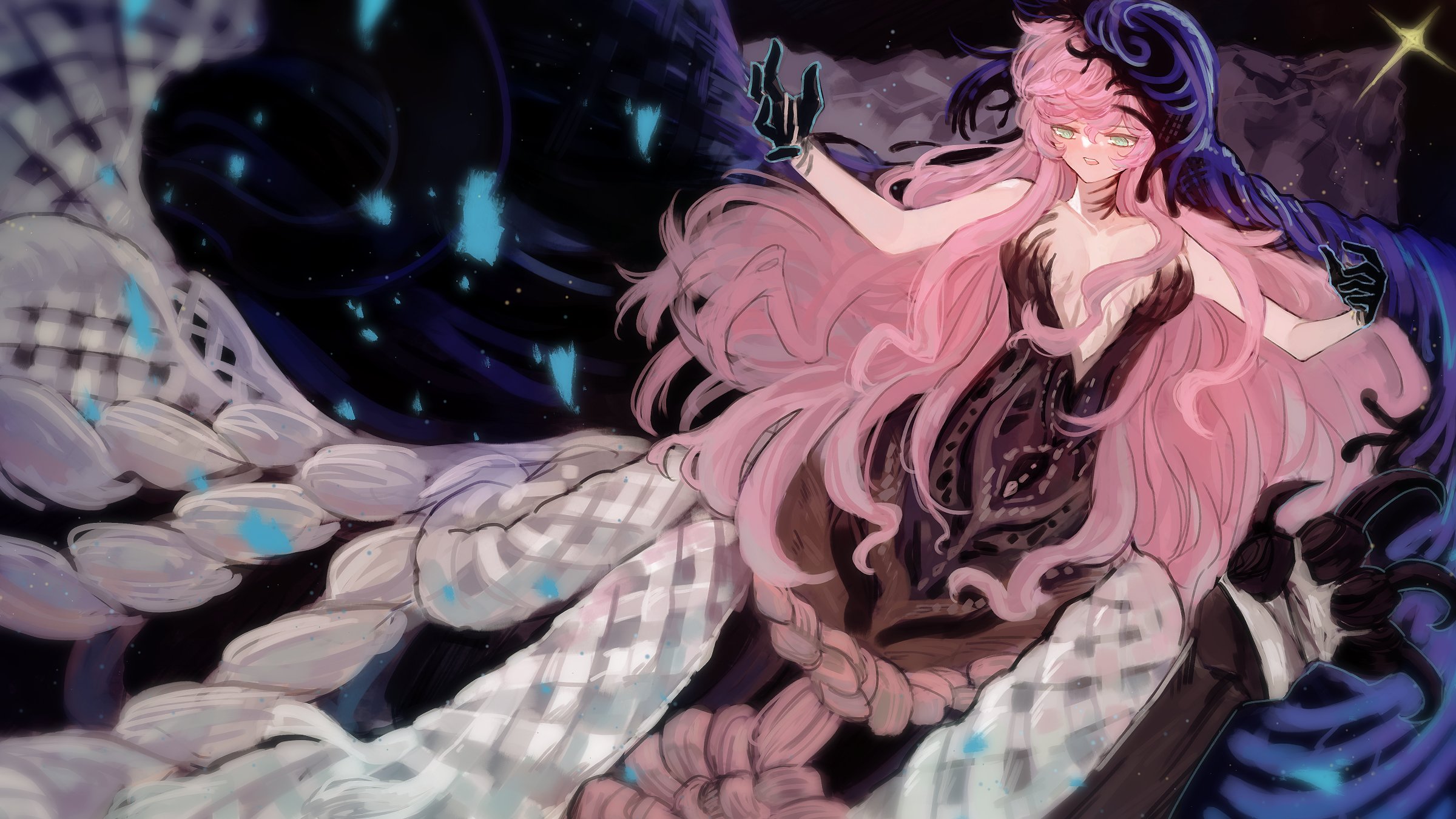 starhoshi, nautika (reverse:1999), reverse:1999, highres, 1girl, black background, black dress, black hands, black veil, blue eyes, blue veil, breasts, centauroid, chimera, colored extremities, dress, grin, hands up, long hair, looking down, medium breasts, monster girl, pink hair, plunging neckline, smile, solo, sparkle, strapless, strapless dress, talons, taur, two-tone veil, upper body, veil, very long hair