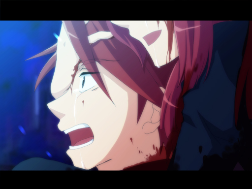 lobster head (pixiv), yuuatamaebi, ushiromiya ange, ushiromiya battler, umineko no naku koro ni, spoilers, 00s, 1boy, 1girl, blood, brother and sister, fake screenshot, hug, letterboxed, red hair, siblings, tears