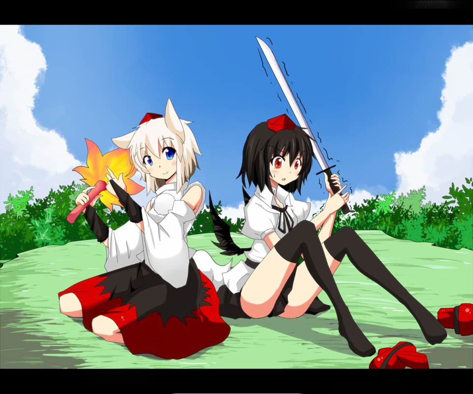suna (sunaipu), sunaipu, inubashiri momiji, shameimaru aya, touhou, bad id, bad pixiv id, 2girls, female focus, geta, hand fan, hat, letterboxed, multiple girls, sitting, sword, tengu-geta, thighhighs, tokin hat, weapon