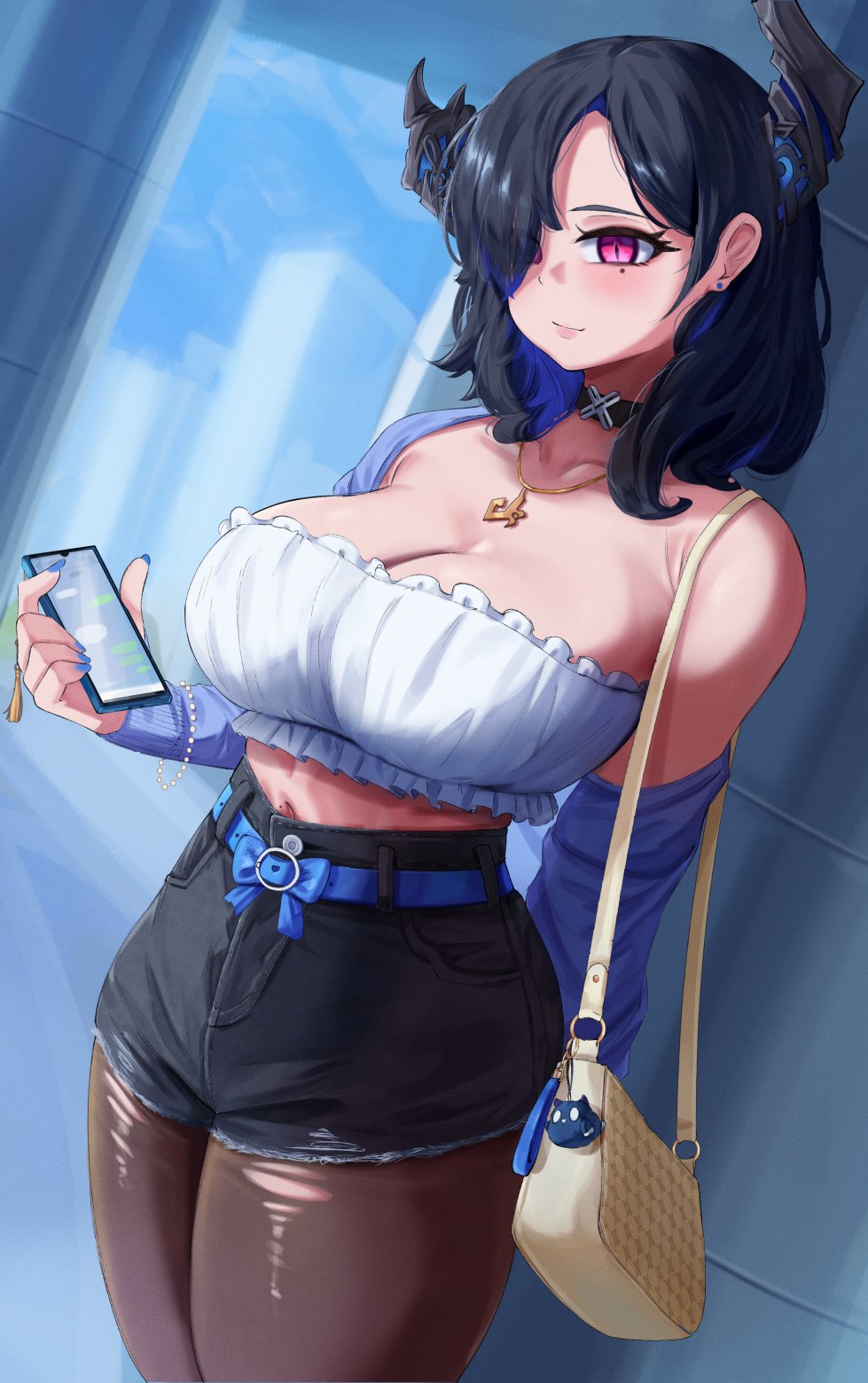 reilong, nerissa ravencroft, hololive, hololive english, highres, 1girl, arm behind back, asymmetrical horns, bare shoulders, black hair, black horns, black pantyhose, black shorts, blue hair, blurry, blurry background, breasts, cellphone, cleavage, cowboy shot, denim, denim shorts, hair over one eye, holding, holding phone, horns, large breasts, medium hair, mole, mole under eye, multicolored hair, pantyhose, pantyhose under shorts, phone, purple eyes, shorts, slit pupils, smartphone, solo, strapless, tube top, two-tone hair, uneven horns, virtual youtuber, white tube top
