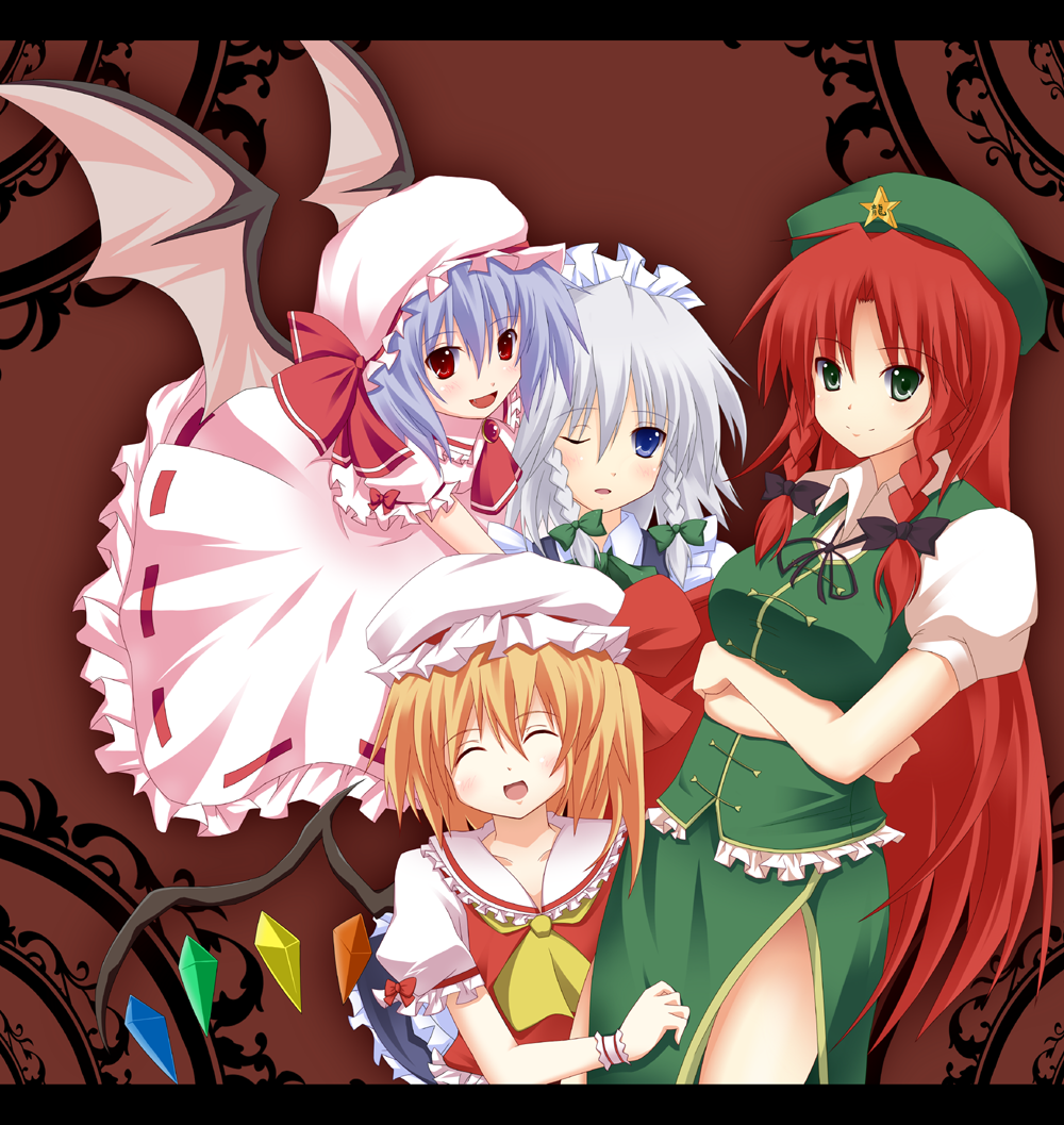 yuurakudou kurono, flandre scarlet, hong meiling, izayoi sakuya, remilia scarlet, embodiment of scarlet devil, touhou, bad id, bad pixiv id, 4girls, female focus, letterboxed, multiple girls