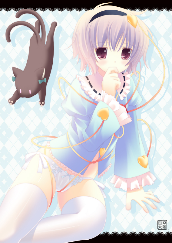 kurasawa kyoushou, kaenbyou rin, kaenbyou rin (cat), komeiji satori, touhou, bad id, bad pixiv id, 1girl, blush, bottomless, bow, bow panties, cat, female focus, finger to mouth, hairband, heart, no pants, panties, purple hair, red eyes, short hair, side-tie panties, solo, string, thighhighs, underwear, white thighhighs