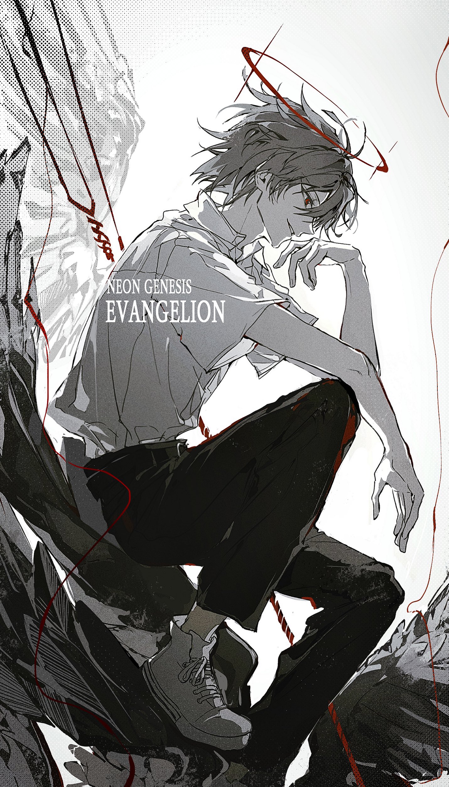 evl 1230, nagisa kaworu, neon genesis evangelion, absurdres, commentary request, highres, korean commentary, 1boy, adam's apple, angel wings, arm on knee, black pants, collared shirt, copyright name, elbow rest, eyelashes, feathered wings, film grain, from side, grey hair, halo, lance of longinus (evangelion), looking down, male focus, palmar flexion, pants, parted bangs, parted lips, profile, red eyes, shirt, shirt tucked in, shoes, short hair, short sleeves, sitting, smile, solo, teeth, white background, white shirt, white shoes, wings