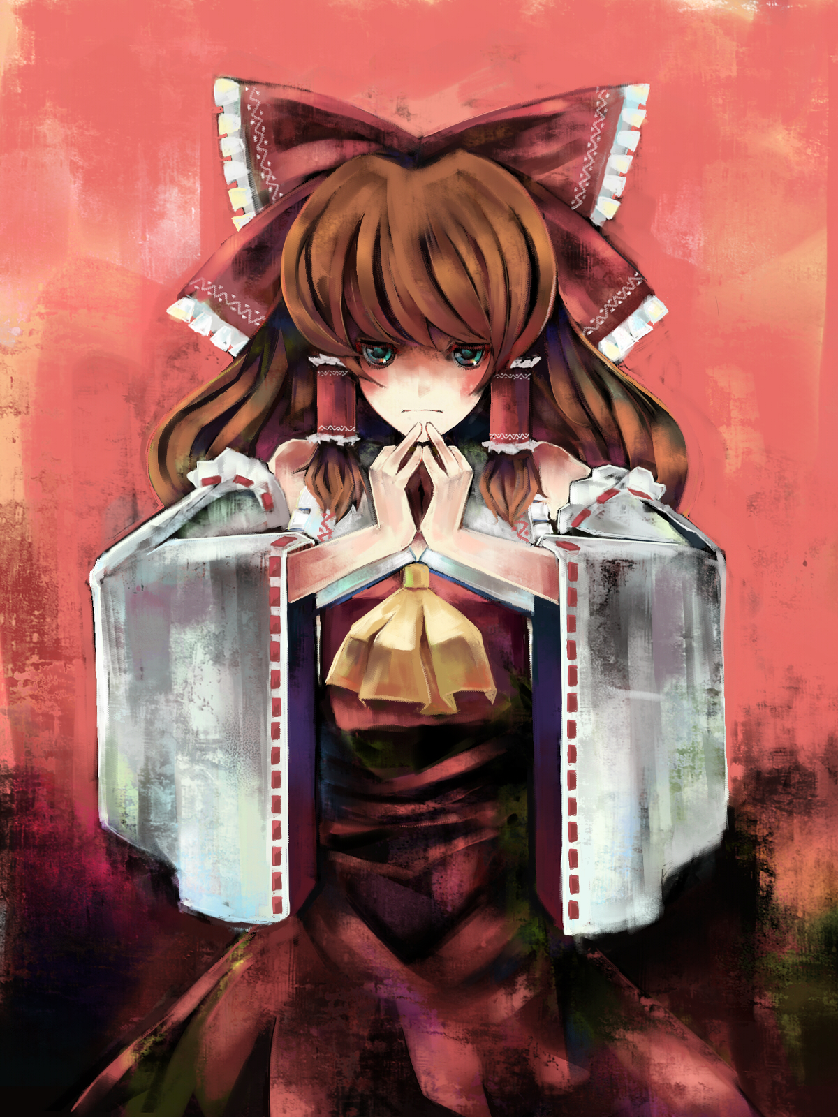 nata (artist), nata (curakoro), hakurei reimu, touhou, highres, 1girl, blue eyes, bow, brown hair, detached sleeves, female focus, hair bow, japanese clothes, miko, short hair, solo