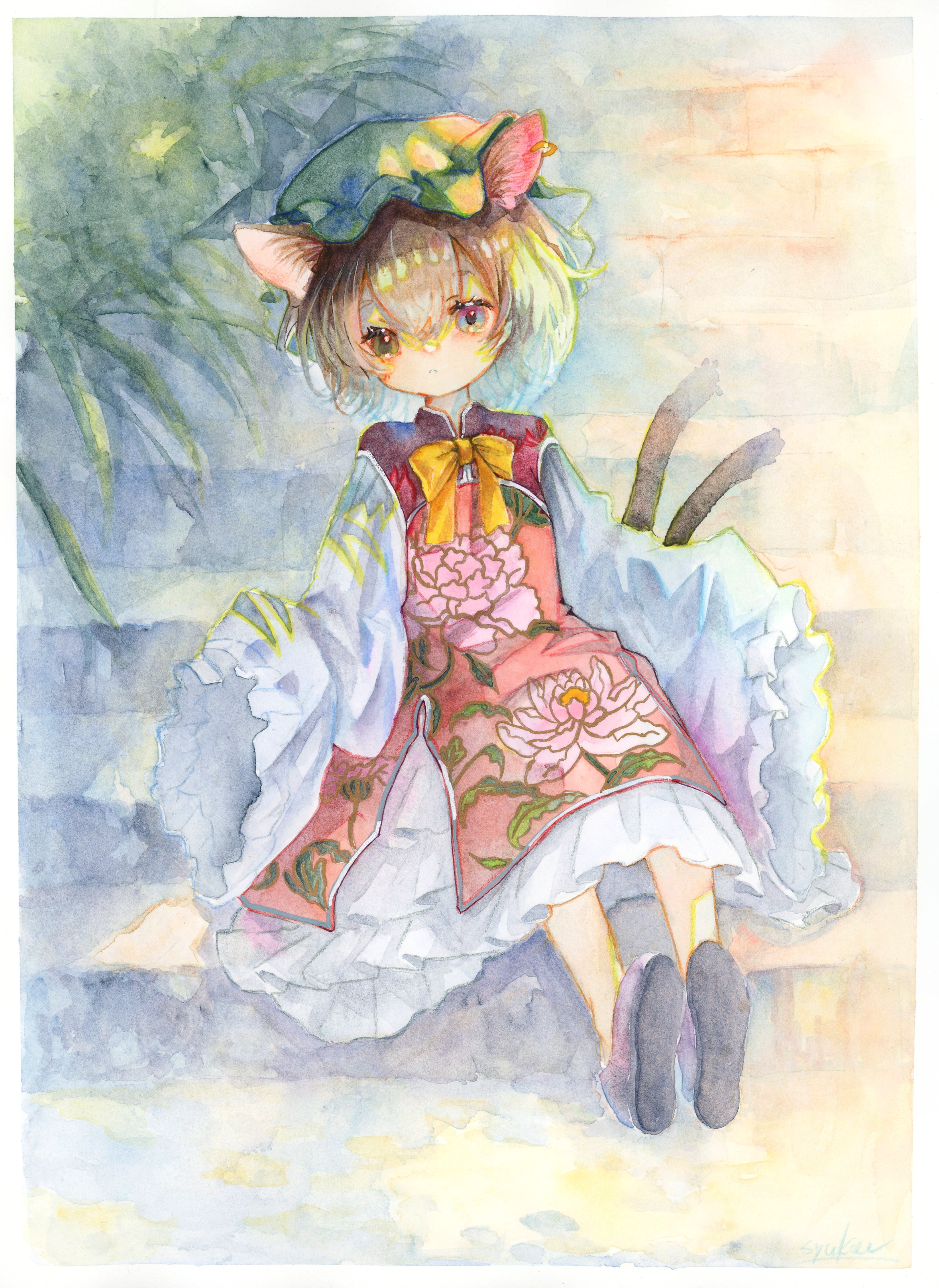 syukou, chen, touhou, absurdres, commentary request, highres, traditional media, 1girl, :o, alternate costume, animal ears, black shoes, brown eyes, brown hair, cat ears, cat girl, cat tail, dress, expressionless, floral print, frills, full body, hair between eyes, hat, medium hair, multiple tails, parted lips, red tabard, shoes, sitting, sitting on stairs, solo, stairs, tabard, tail, two tails, very long sleeves, white dress