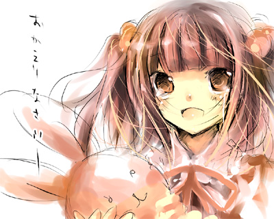 mikimura, ushiromiya ange, umineko no naku koro ni, bad id, bad pixiv id, lowres, translated, 00s, blue eyes, brown eyes, hair bobbles, hair ornament, rabbit, red hair, ribbon, smile, solo, stuffed toy, tears, twintails, two side up