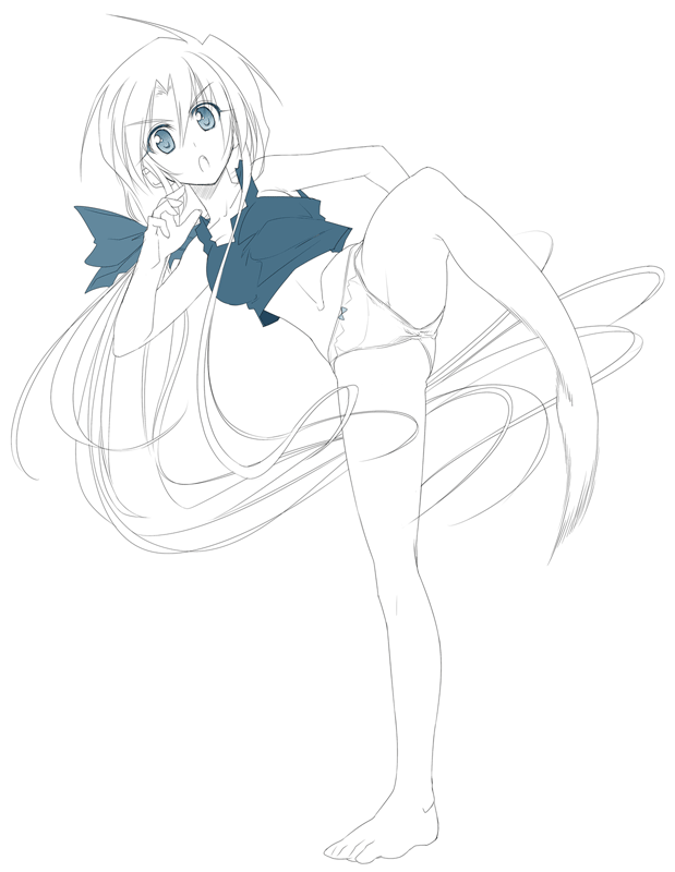 himura kiseki, archerko (himura kiseki), fate/stay night, fate (series), 00s, 1girl, barefoot, bow, bow panties, female focus, full body, kicking, long hair, midriff, monochrome, motion blur, panties, ponytail, solo, standing, standing on one leg, tank top, underwear, very long hair