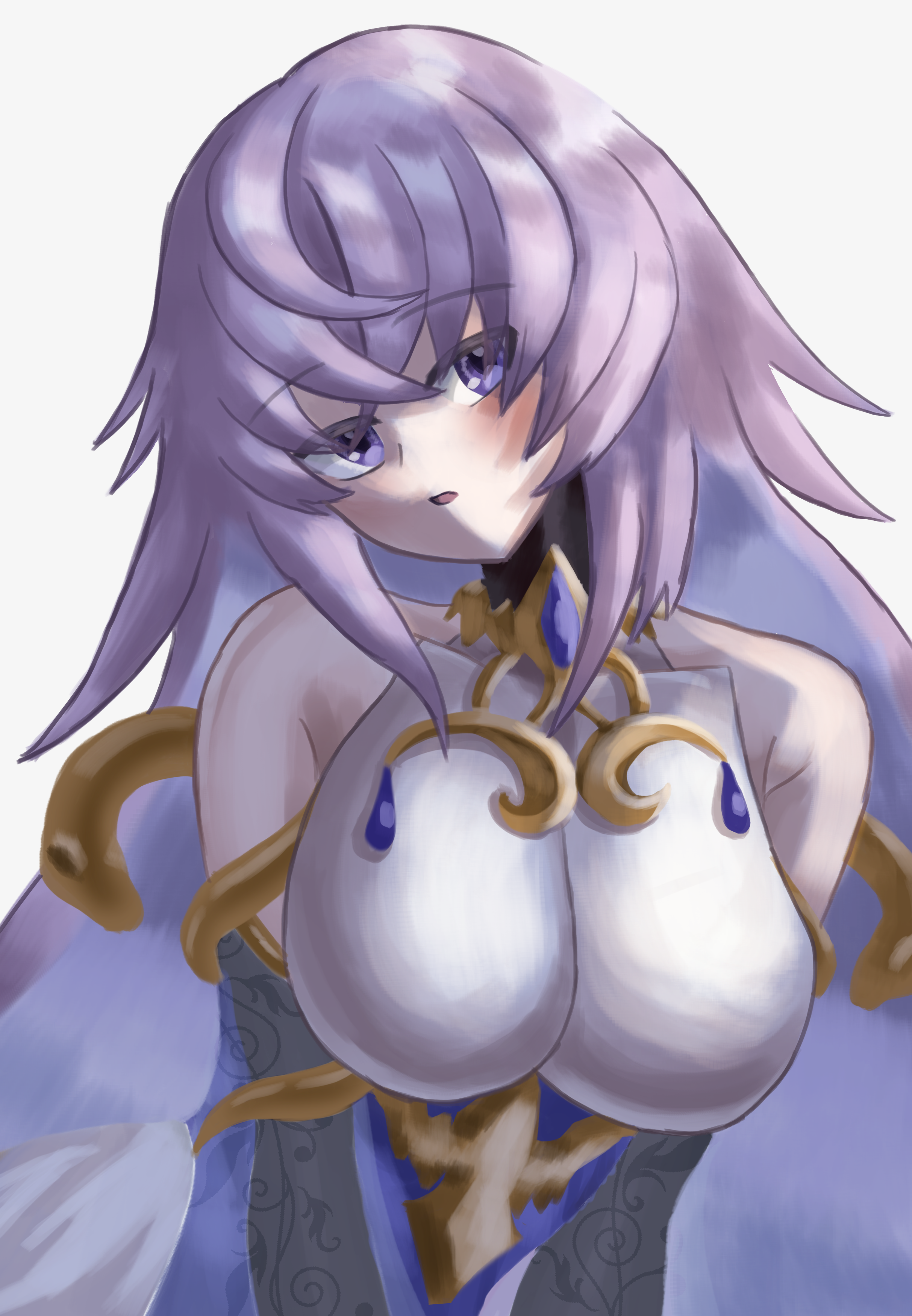 magic mirror (grimms notes), grimms notes, artist request, source request, 1girl, artistic error, breasts, large breasts, long hair, purple eyes, purple hair, simple background, solo, white background