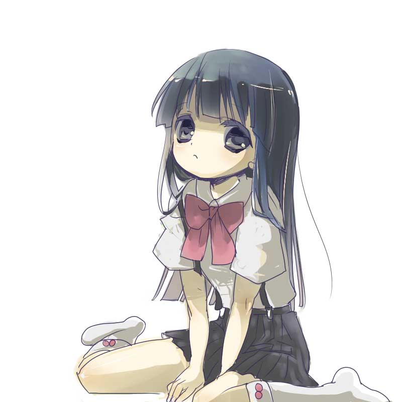 gm, furude rika, higurashi no naku koro ni, jpeg artifacts, 00s, 1girl, black eyes, black hair, blue eyes, blue hair, bow, female focus, frown, kneeling, long hair, matching hair/eyes, miniskirt, pink bow, pleated skirt, ribbon, school uniform, shirt, sitting, skirt, socks, solo, suspender skirt, suspenders