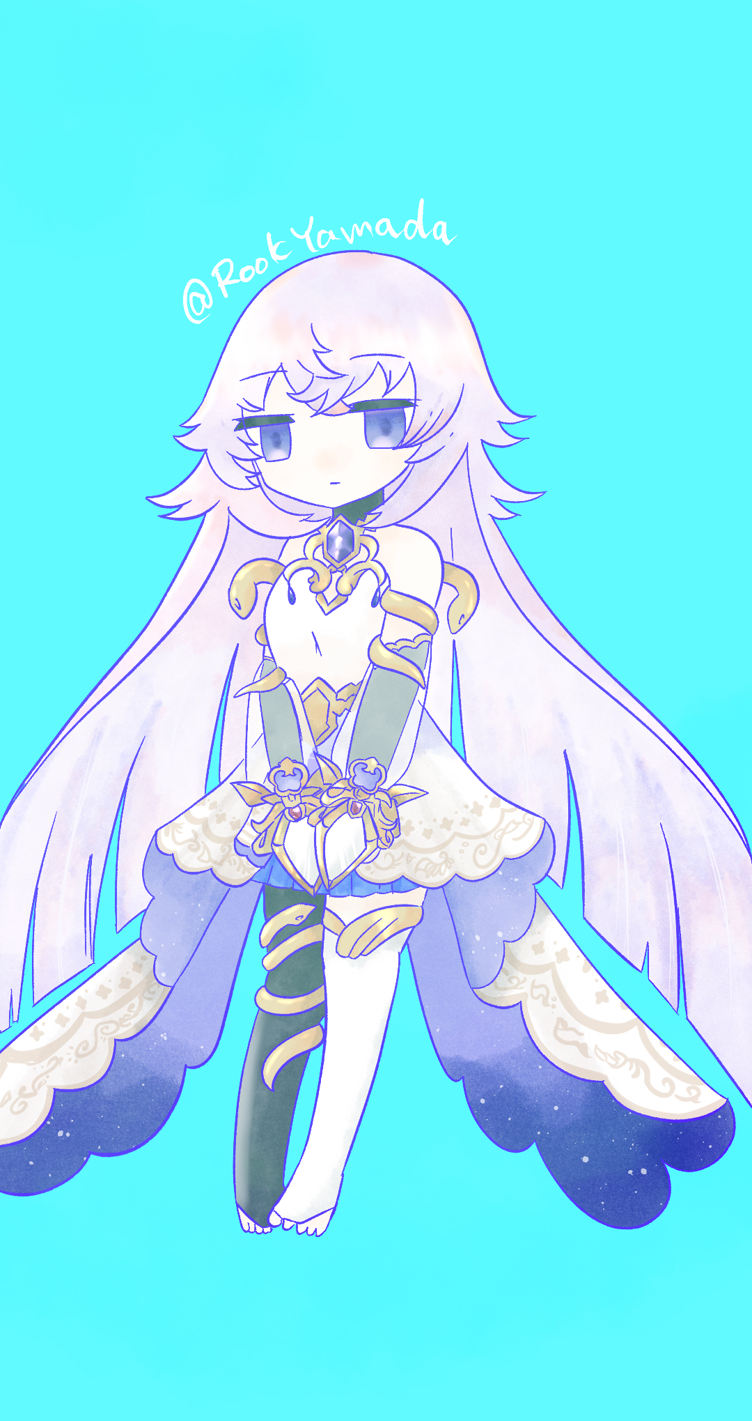 magic mirror (grimms notes), grimms notes, 1girl, aqua background, breasts, cleavage cutout, closed mouth, clothing cutout, full body, long hair, purple eyes, purple hair, ru animal love, simple background, solo, twitter username