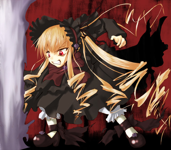 zaze, shinku, rozen maiden, bad id, bad pixiv id, 00s, angry, blonde hair, bonnet, dress, drill hair, long hair, red eyes, solo, twintails