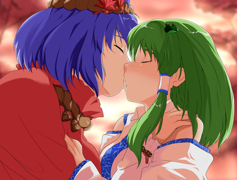 tenpura (tenpura621), kochiya sanae, yasaka kanako, touhou, bad id, bad pixiv id, 2girls, blue hair, closed eyes, detached sleeves, female focus, frog, green hair, hairband, kiss, multiple girls, rope, short hair, snake, yuri