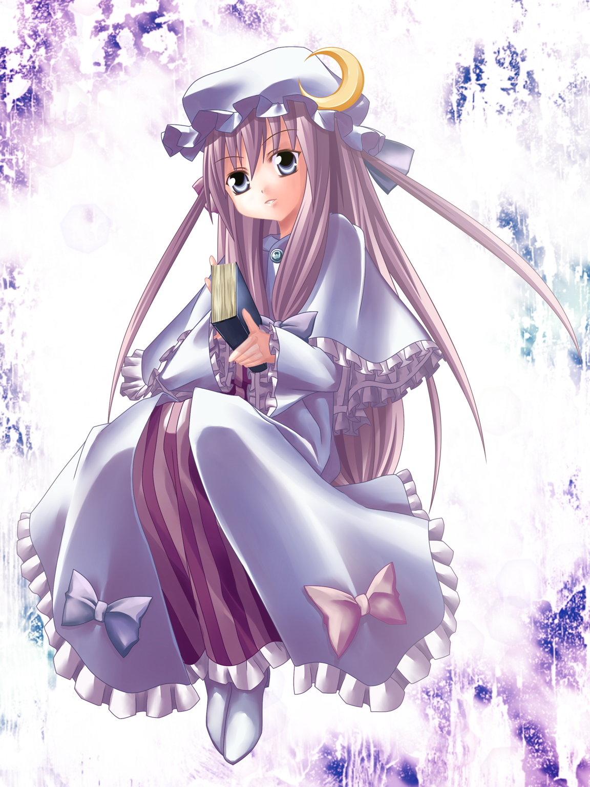 ina (inadahime), patchouli knowledge, touhou, bad id, bad pixiv id, highres, 1girl, book, bow, female focus, full body, hat, long hair, purple hair, solo