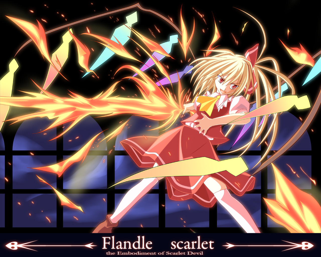 ina (inadahime), flandre scarlet, touhou, bad id, bad pixiv id, 1girl, blonde hair, bow, character name, copyright name, female focus, fire, hair bow, no headwear, red eyes, short hair, solo, sword, weapon, wings