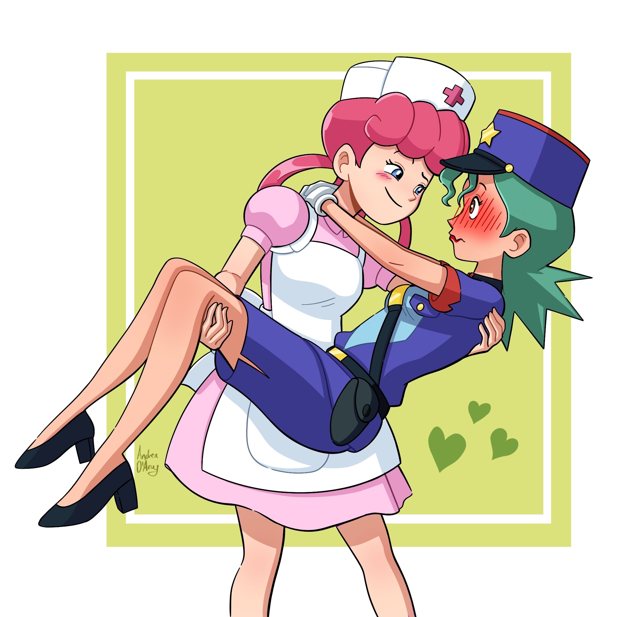 andreadarcyart, jenny (pokemon), joy (pokemon), nintendo, pokemon, pokemon (anime), highres, 2girls, blue eyes, blush, carrying, carrying person, gloves, green hair, hat, multiple girls, nurse, nurse cap, pink hair, police, police uniform, policewoman, princess carry, purple hat, purple shirt, purple skirt, shirt, skirt, smile