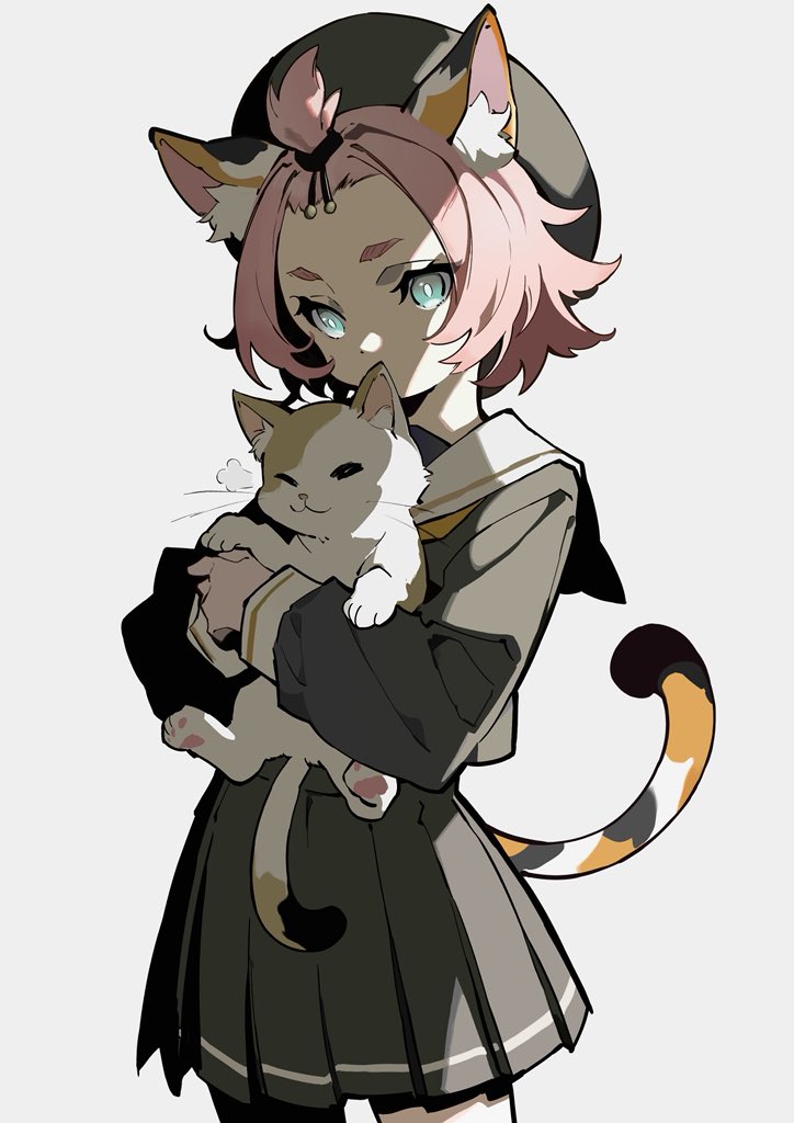hatsutahaku, diona (genshin impact), genshin impact, 1girl, alternate costume, animal, animal ears, aqua eyes, bangs pinned back, black shirt, black skirt, bright pupils, cat, cat ears, cat tail, covered mouth, cowboy shot, holding, holding animal, holding cat, long sleeves, looking at viewer, pink hair, pleated skirt, school uniform, shirt, short eyebrows, short hair, simple background, skirt, solo, tail, white background, white pupils