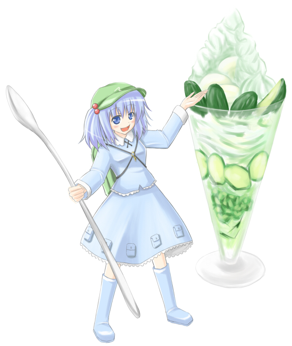 zaze, kawashiro nitori, touhou, bad id, bad pixiv id, 1girl, backpack, bag, blue eyes, blue hair, boots, cucumber, female focus, food, hair bobbles, hair ornament, hat, holding, holding spoon, ice cream, key, matching hair/eyes, mini person, minigirl, oversized object, randoseru, short hair, solo, spoon, sundae, twintails, two side up