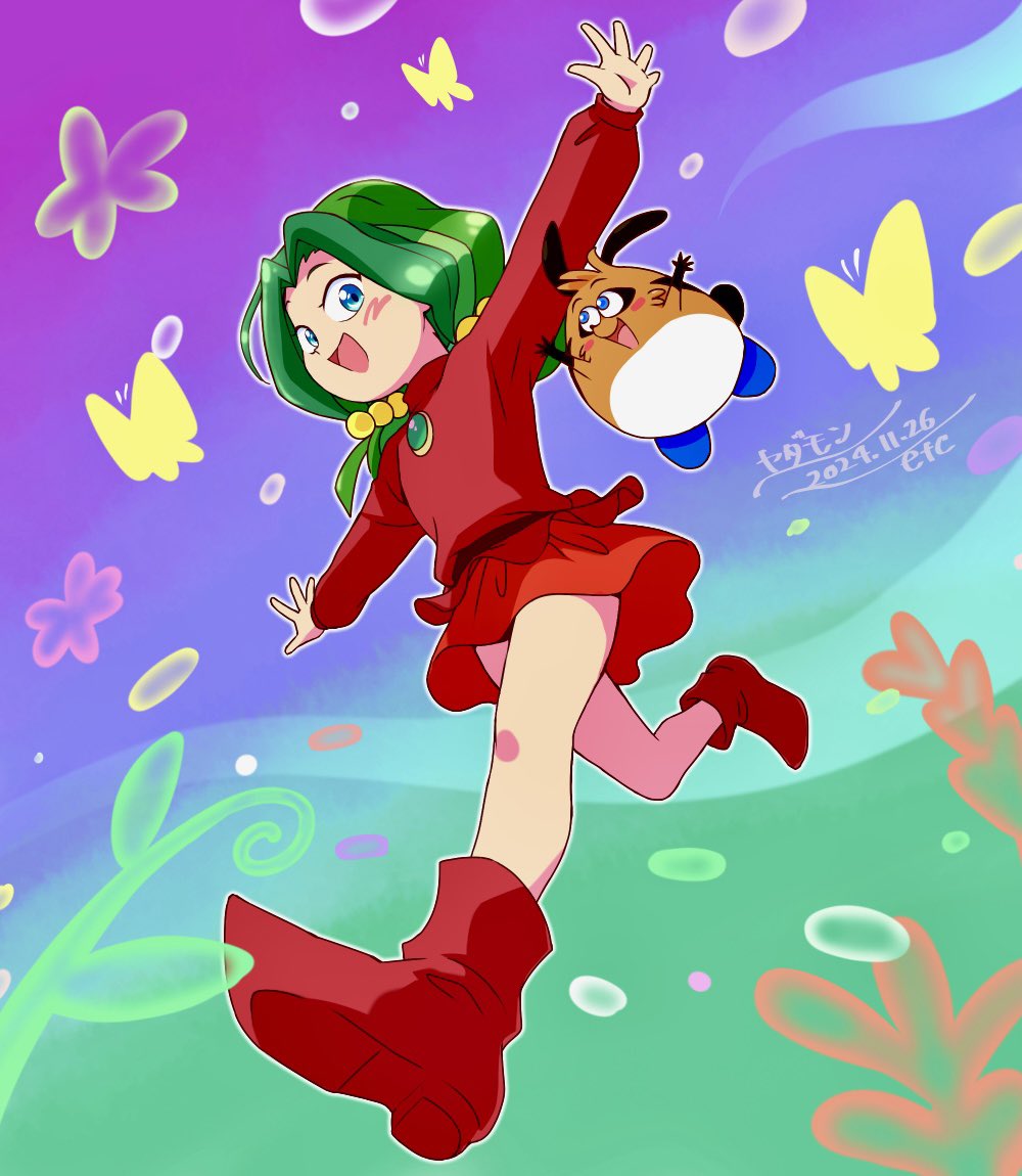 timon (yadamon), yadamon (character), yadamon, commentary request, 1girl, air bubble, bacchusquall, blue eyes, boots, brooch, bubble, bug, butterfly, character name, coral, creature, curtained hair, dated, dutch angle, from below, green hair, insect, jewelry, long sleeves, looking at another, looking at creature, low twintails, medium hair, miniskirt, open hands, open mouth, outstretched arms, plant, red boots, red shirt, red skirt, running, shirt, skirt, smile, spread arms, twintails