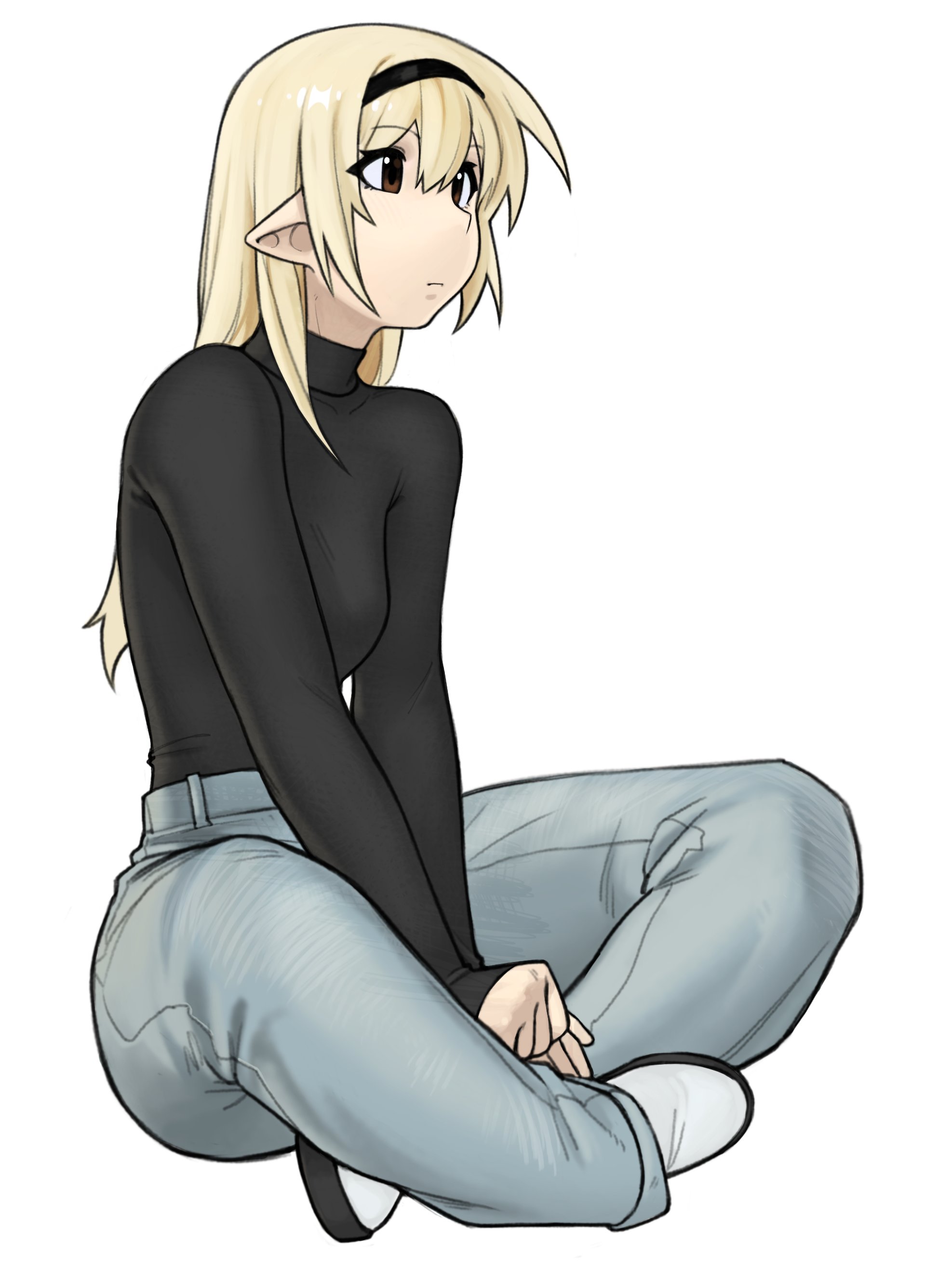 yirtios, original, absurdres, commentary, english commentary, highres, 1girl, blonde hair, brown eyes, denim, full body, hairband, hira (yirtios), indian style, jeans, long hair, long sleeves, looking ahead, pants, pointy ears, shirt tucked in, sitting, sleeves past wrists, solo, turtleneck
